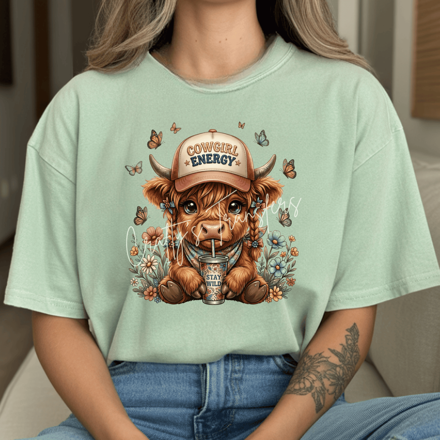 Cowgirl Energy Highland Cow DTF Transfer | Cute Highland Cowgirl Shirt Transfer | Western Coffee Cow Graphic | Boutique Heat Transfer
