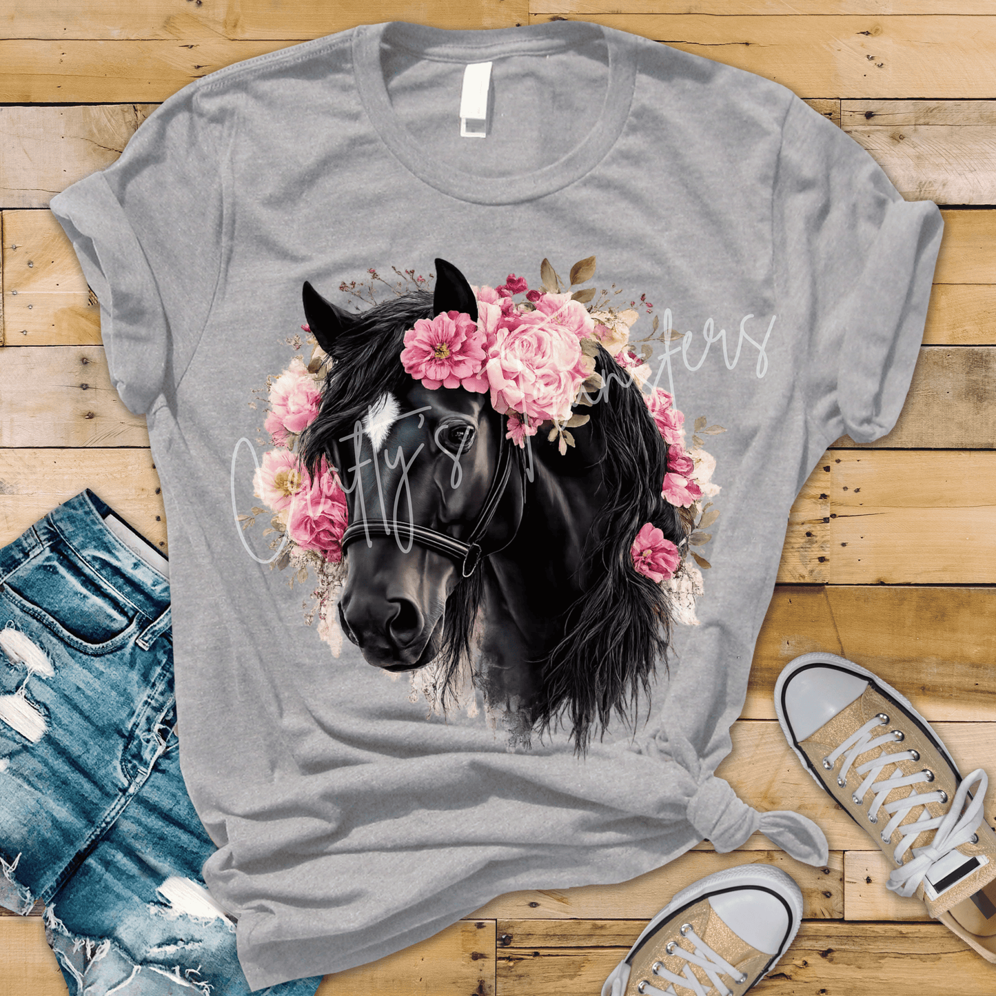 Black Horse with Pink Floral Crown DTF Transfer | Boho Western Horse Heat Transfer | Cowgirl Boutique Shirt Transfer | Equestrian Graphic Tee