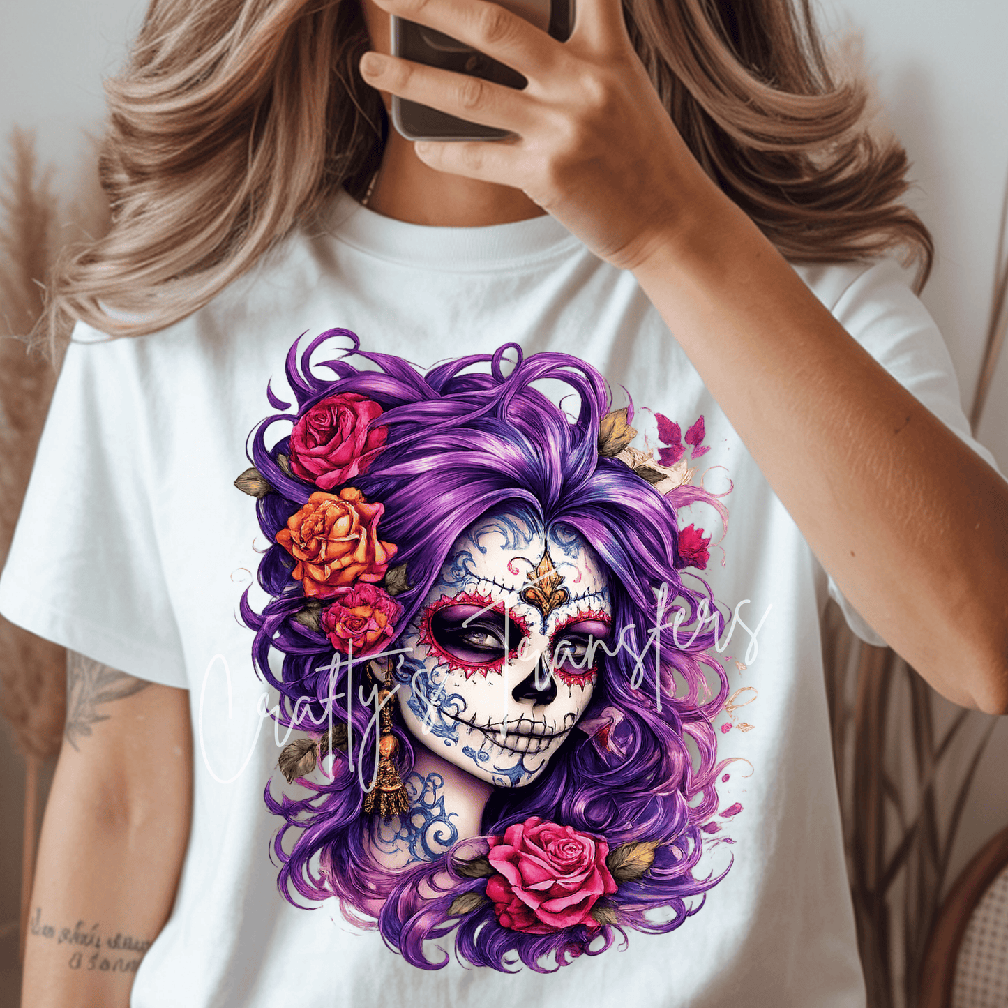 Purple Sugar Skull Girl DTF Transfer | Day of the Dead Floral Skull Heat Transfer | Gothic Halloween Graphic Tee | Dia de los Muertos Boutique Transfer