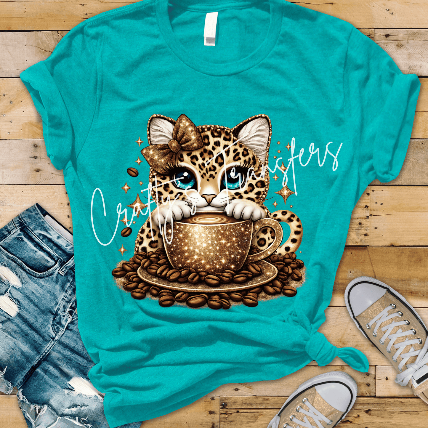 Cute Leopard Cat Coffee DTF Transfer | Glitter Coffee Cup Heat Transfer | Blue Eyed Kitty Graphic | Coffee Lover Shirt Transfer | Boutique DTF Design
