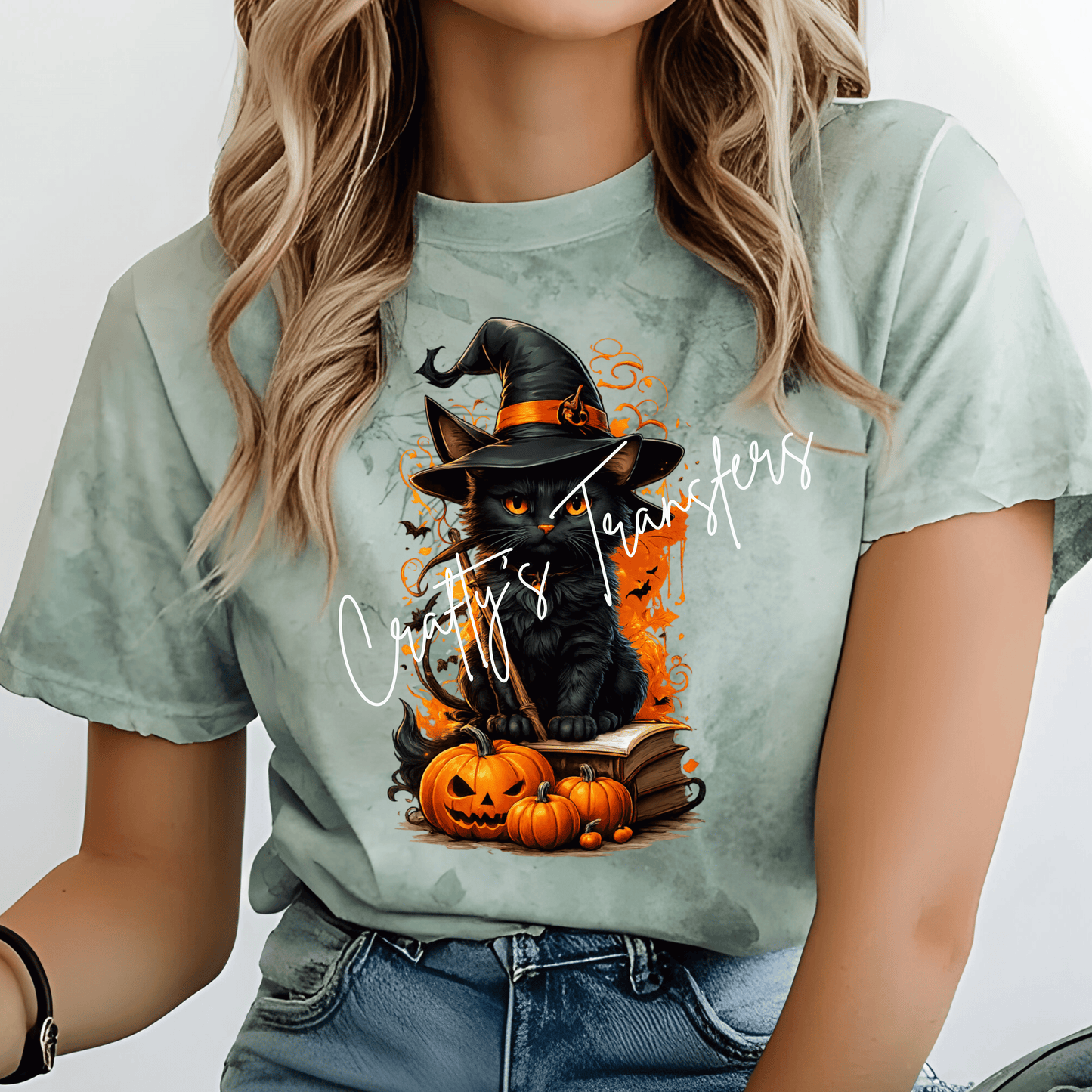 Black Cat Witch Halloween DTF Transfer | Cute Spooky Cat & Pumpkin Graphic Transfer | Witch Hat Halloween Shirt Design | Fall Boutique Transfer