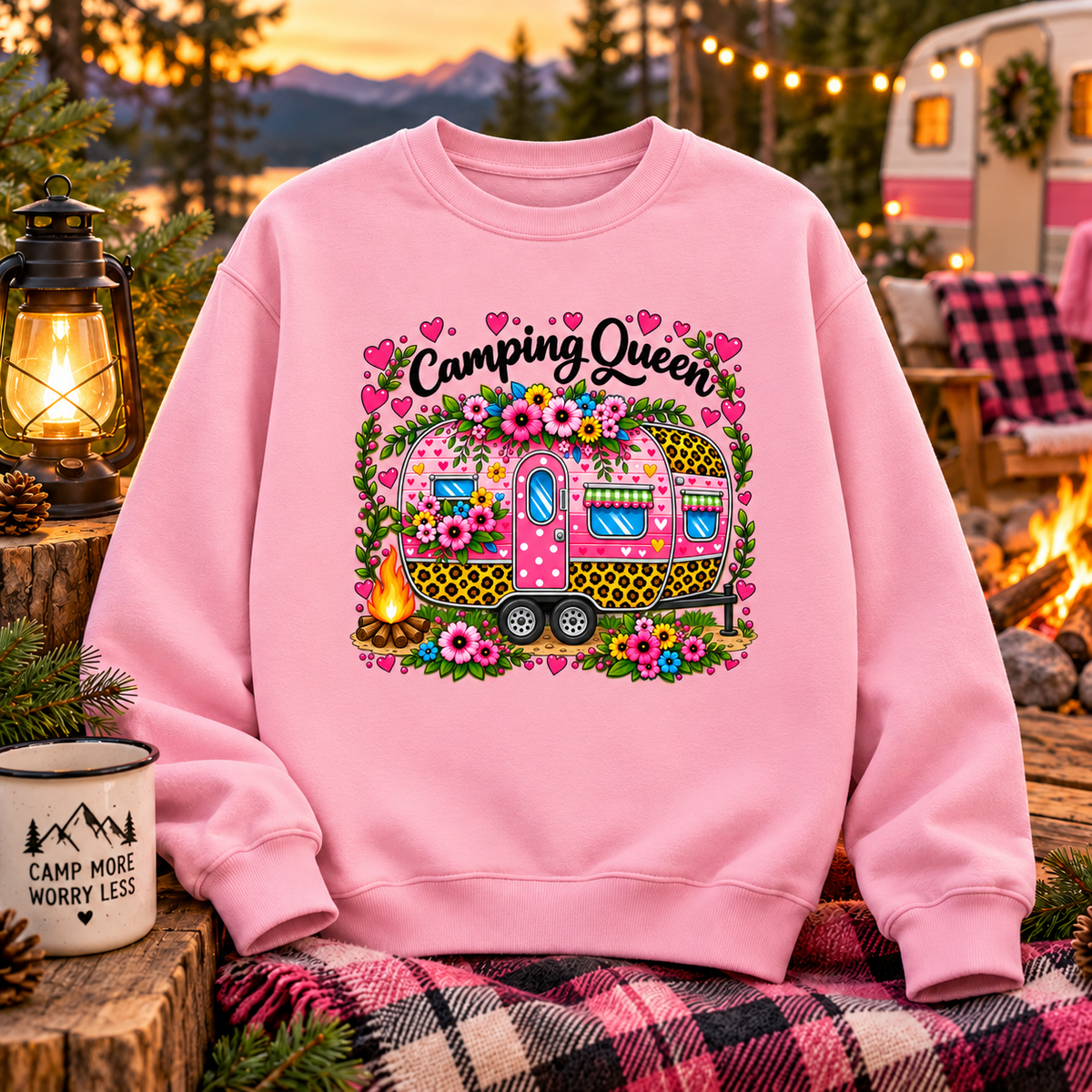 Camping Queen DTF Transfer – Pink Leopard Camper Graphic – Girly Camping Ready to Press DTF