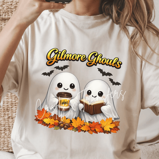 Gilmore Ghouls DTF Transfer | Fall Ghost Coffee & Book Lover Halloween Transfer | Cozy Autumn Reader Shirt Design