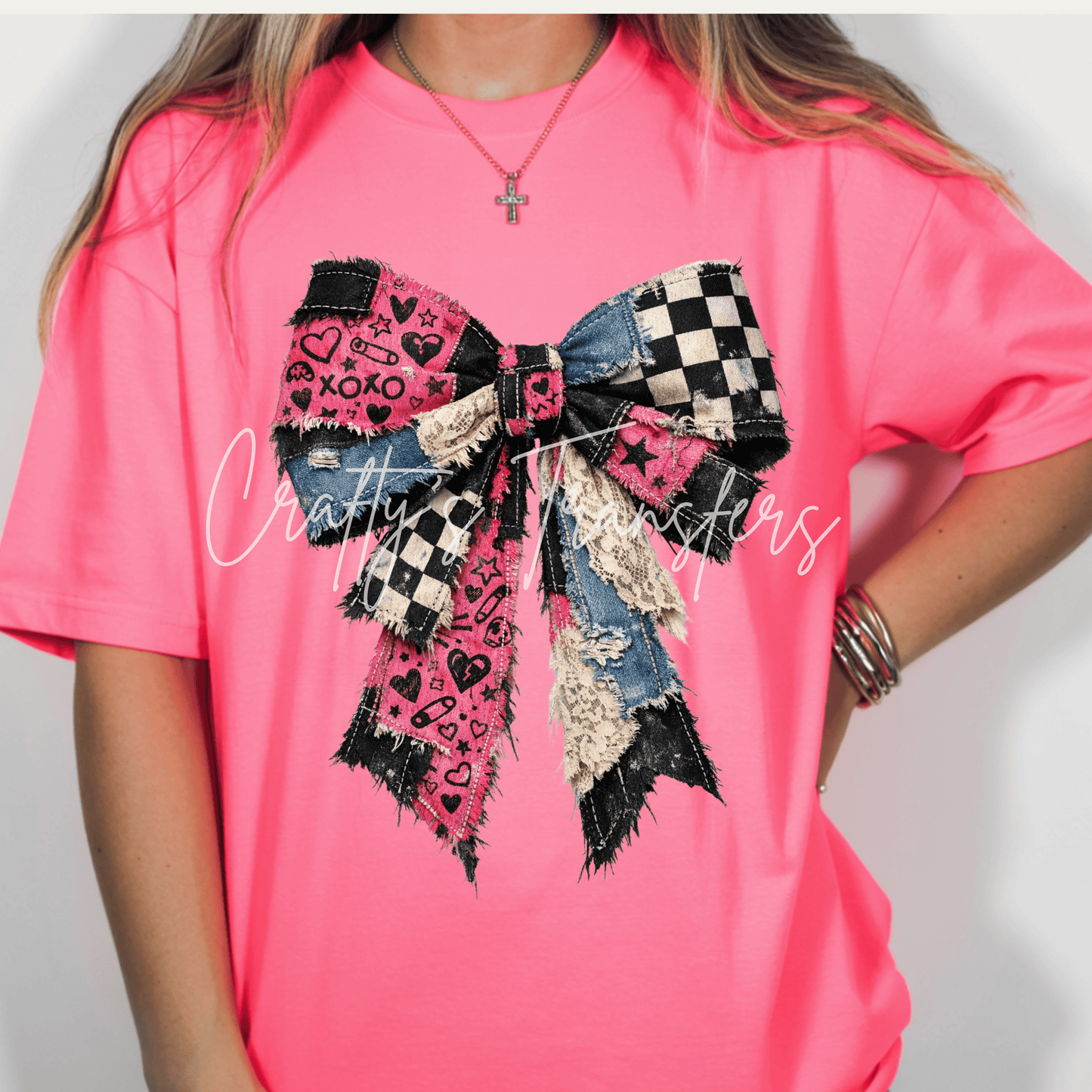 Pink Grunge Patchwork Bow DTF Transfer | Coquette Denim Checkerboard Lace Bow Heat Transfer | Western Boutique Girly Shirt Transfer