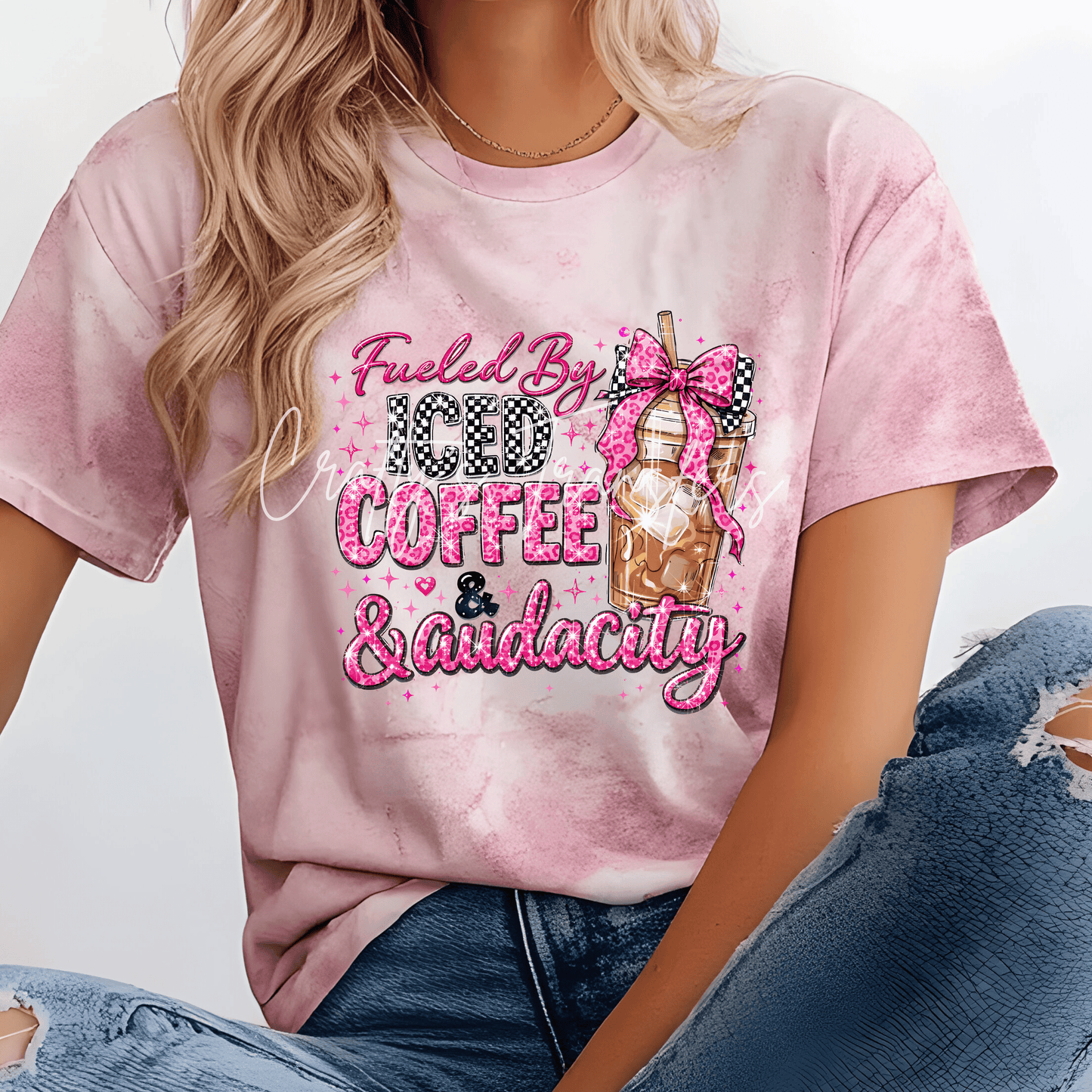 Fueled By Iced Coffee & Audacity DTF Transfer | Funny Iced Coffee Heat Transfer | Pink Coquette Coffee Lover Shirt | Boutique Graphic Tee