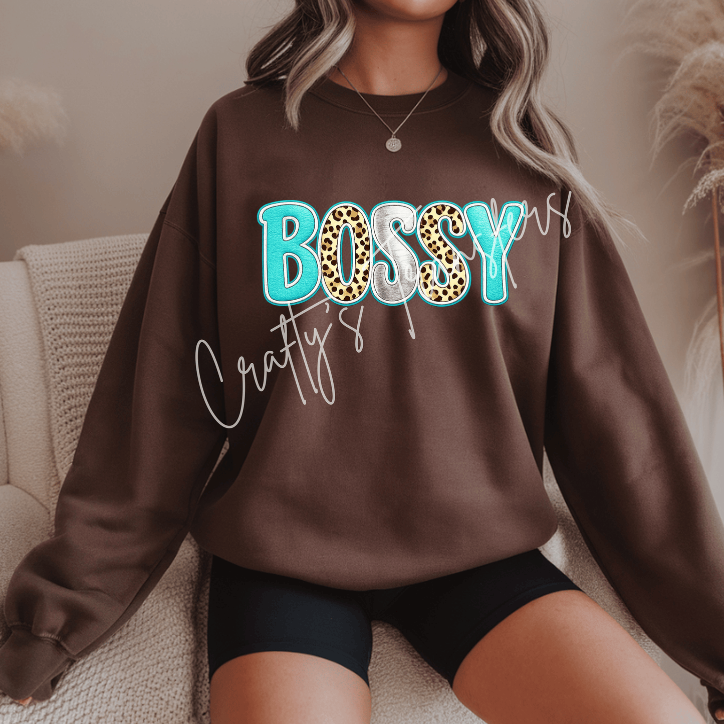 Bossy Turquoise Leopard DTF Transfer | Boutique Western Faux Leather Lettering Heat Transfer | Trendy Cowgirl Graphic | Western Boutique Shirt Transfer