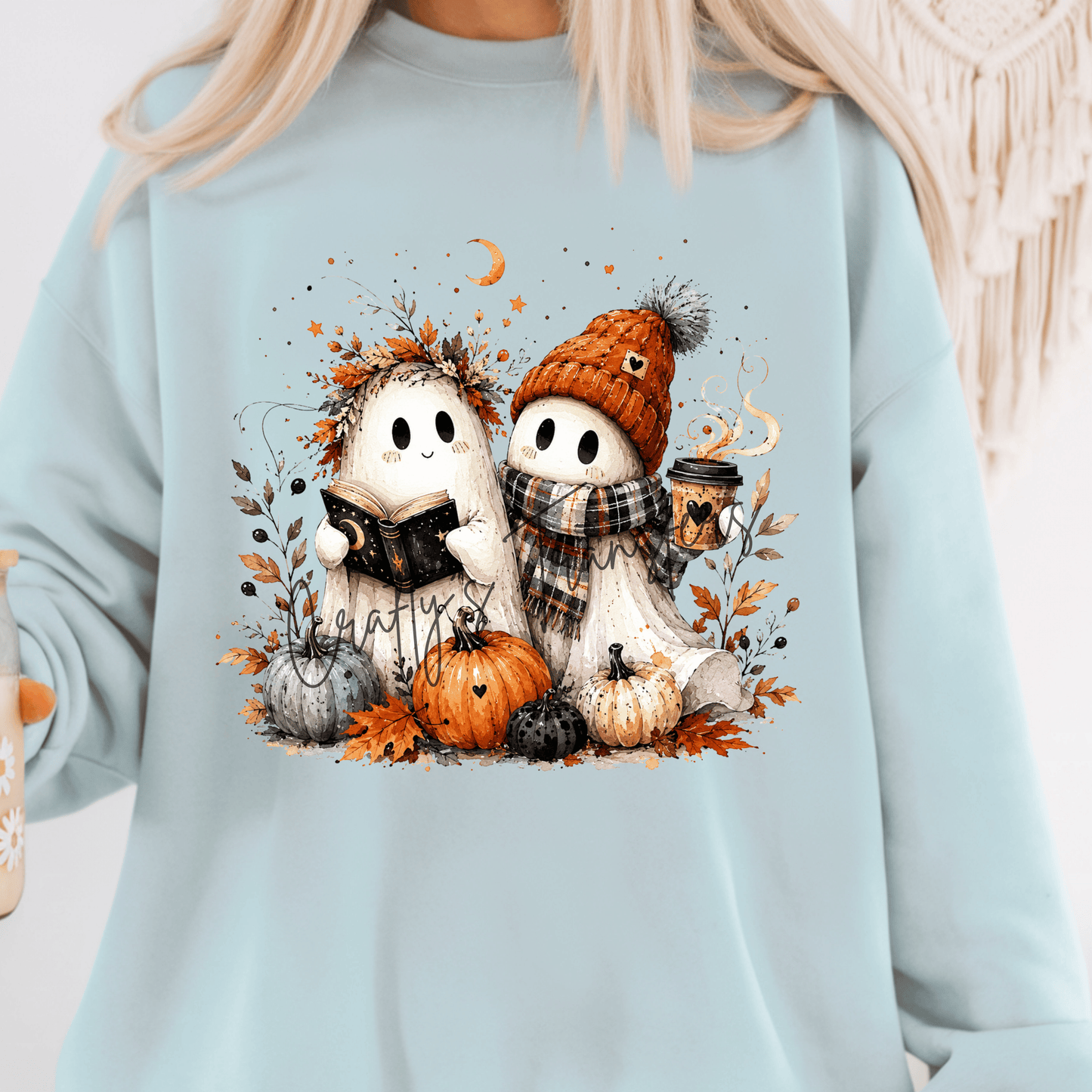 Cozy Fall Ghost Friends DTF Transfer | Cute Autumn Ghost Halloween Heat Transfer | Pumpkin Coffee Book Spooky Season Shirt