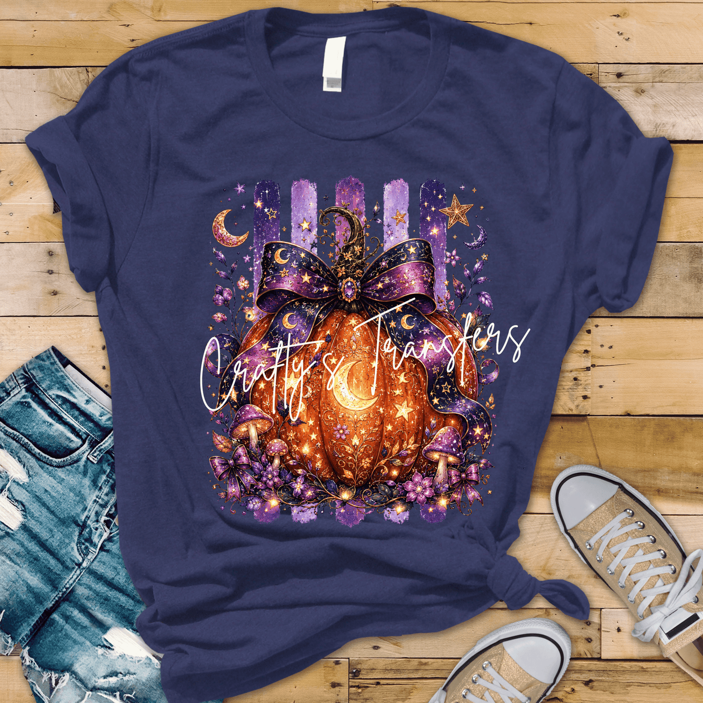 Celestial Pumpkin DTF Transfer | Purple Bow Halloween Heat Transfer | Moon & Stars Fall Pumpkin Transfer | Witchy Boho Autumn Shirt Design