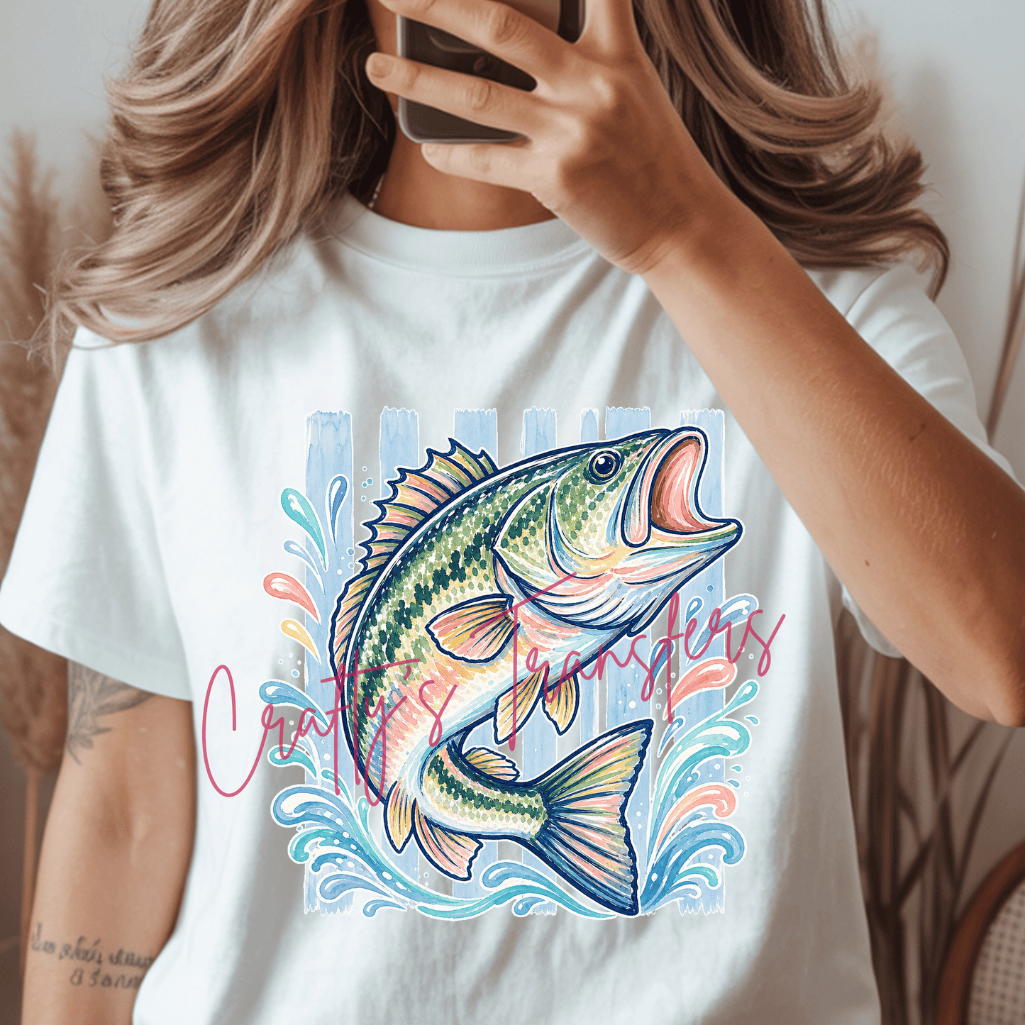 Pastel Bass Fish DTF Transfer | Retro Fishing Heat Transfer | Preppy Coastal Largemouth Bass Graphic | Fisherman Boutique DTF Transfer
