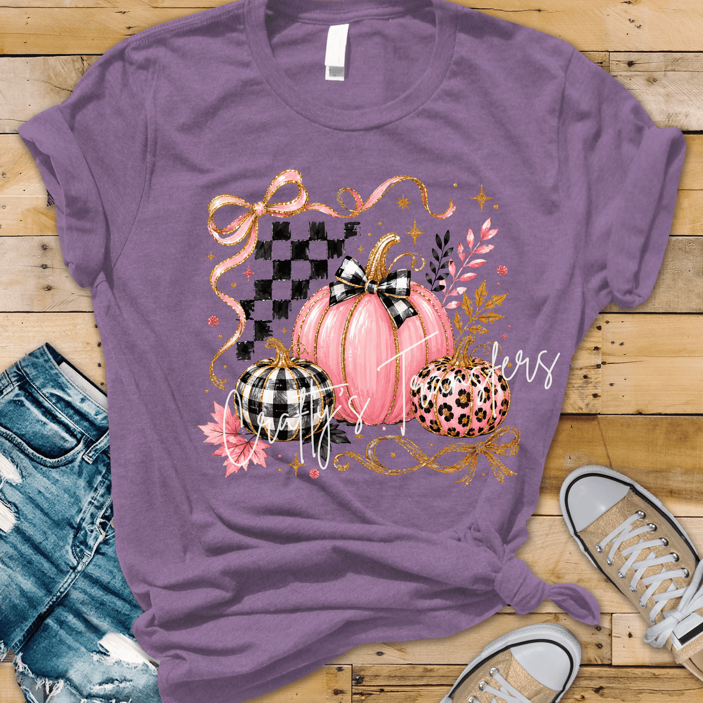 Pink Pumpkin DTF Transfer | Coquette Fall Pumpkin Stack with Bows | Buffalo Plaid & Leopard Pumpkin Heat Transfer | Ready to Press