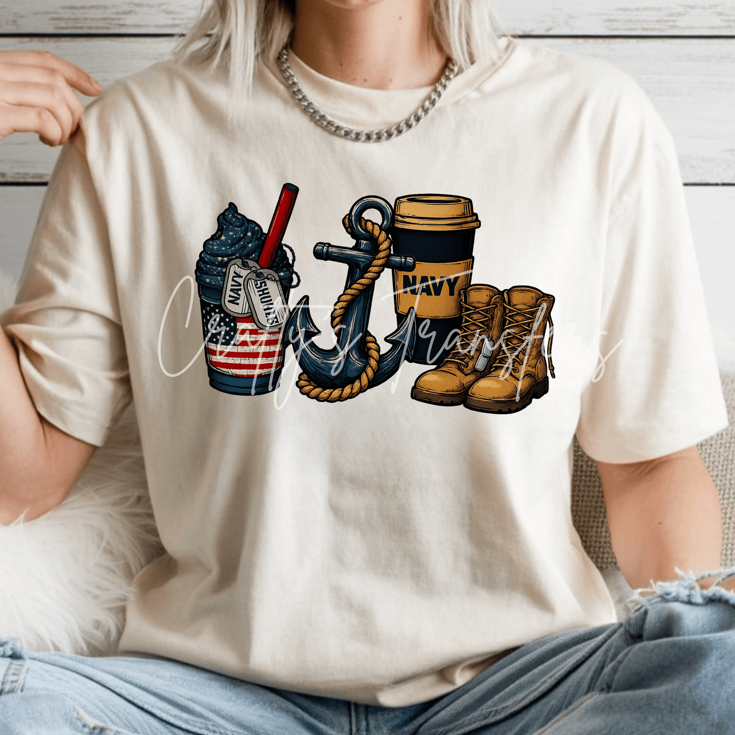 Navy Military DTF Transfer | US Navy Anchor, Combat Boots & Coffee Graphic Heat Transfer | Patriotic Military Shirt Transfer