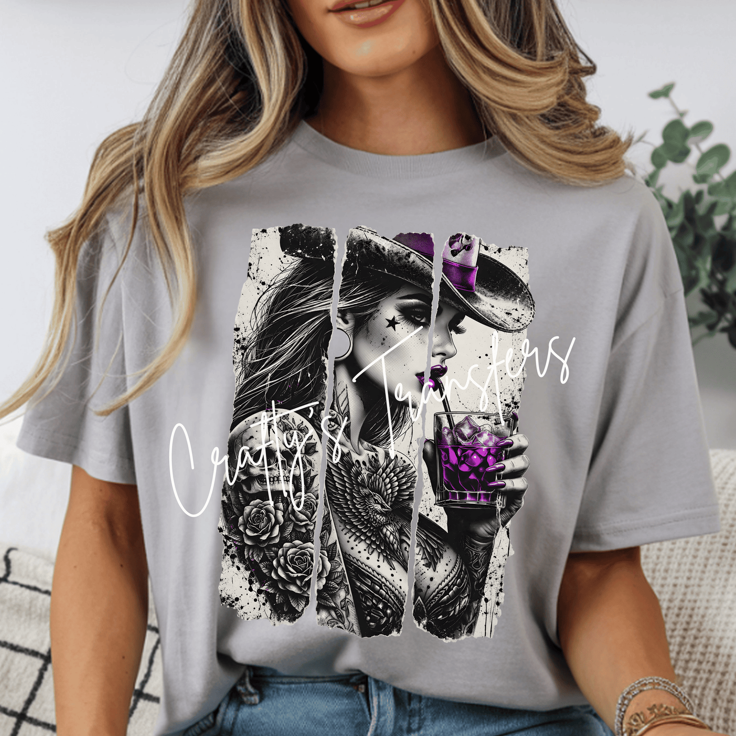 Cowgirl Tattoo Girl DTF Transfer | Western Gothic Cowgirl Heat Transfer | Purple Whiskey Graphic Shirt Transfer