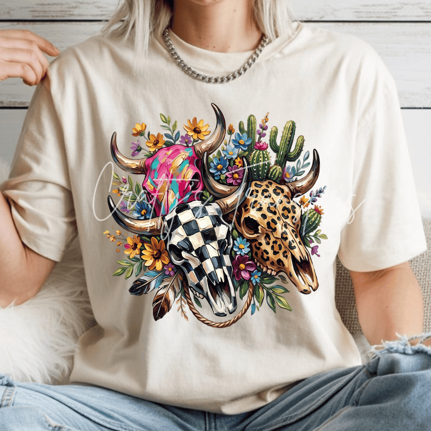 Western Cow Skull DTF Transfer | Colorful Boho Longhorn Skull with Leopard, Checkered & Cactus | Western Boutique Heat Transfer | Cowgirl Shirt Design