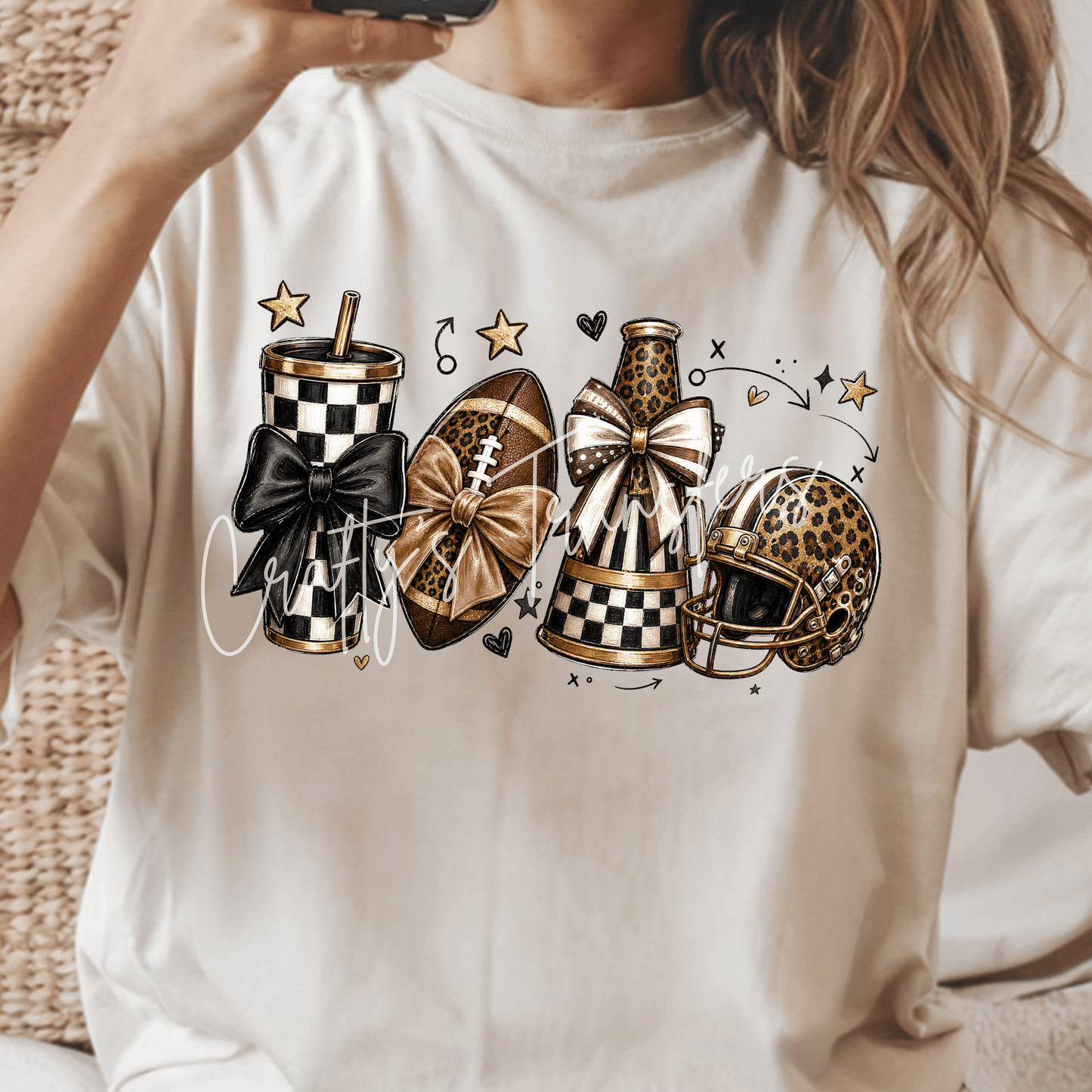 Football Mom DTF Transfer | Leopard Football Helmet, Checkered Tumbler, Megaphone & Football Bow | Boutique Game Day Heat Transfer | Sports Mom Shirt Design