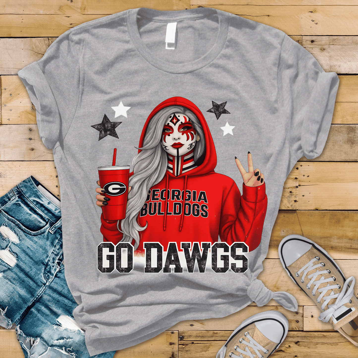 Red & Black Spirit Girl DTF Transfer | Mascot-Inspired Game Day Skull Face Heat Transfer | Football Fan Shirt Transfer