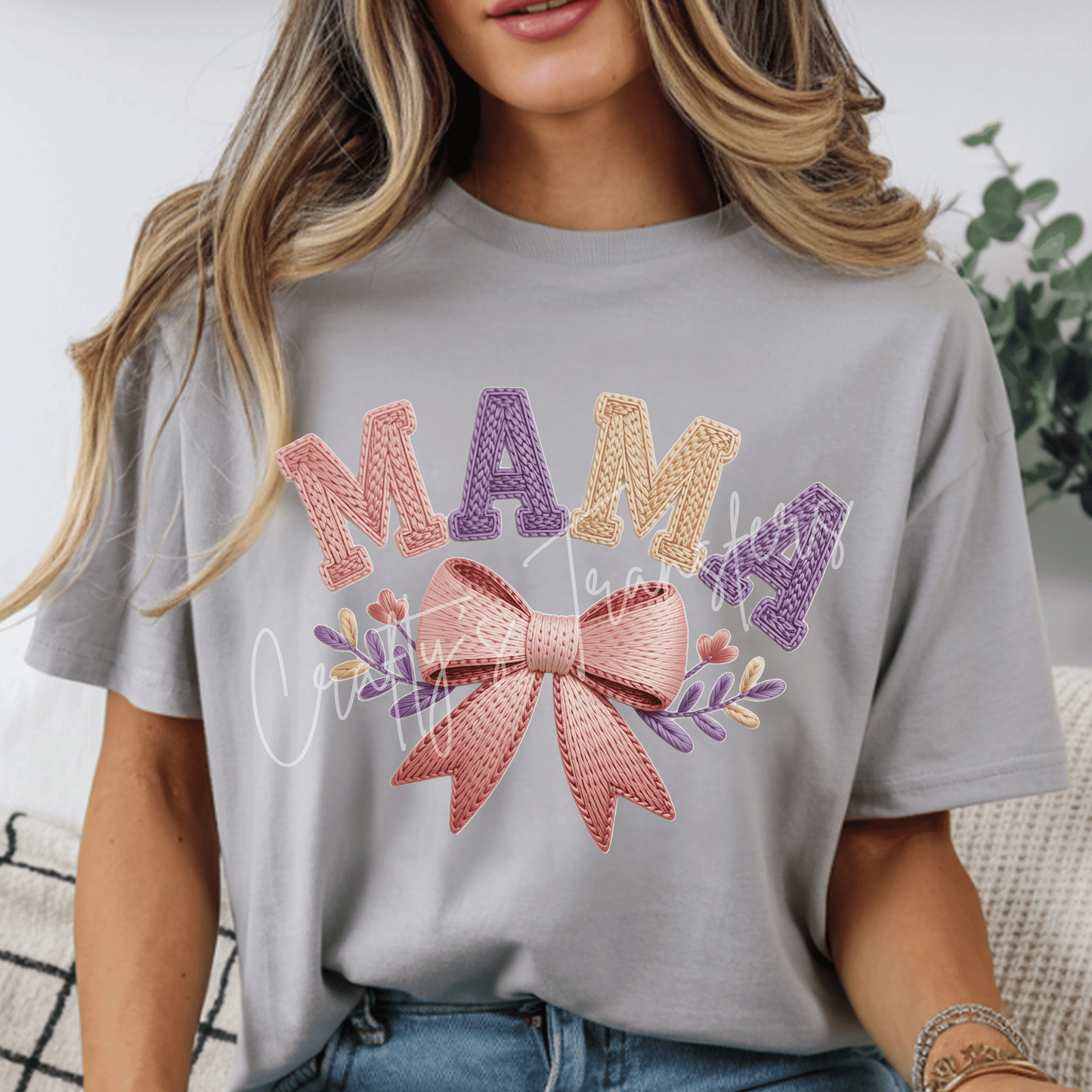 Mama Bow DTF Transfer – Faux Embroidery Floral Graphic – Pink Purple Mother Shirt Design