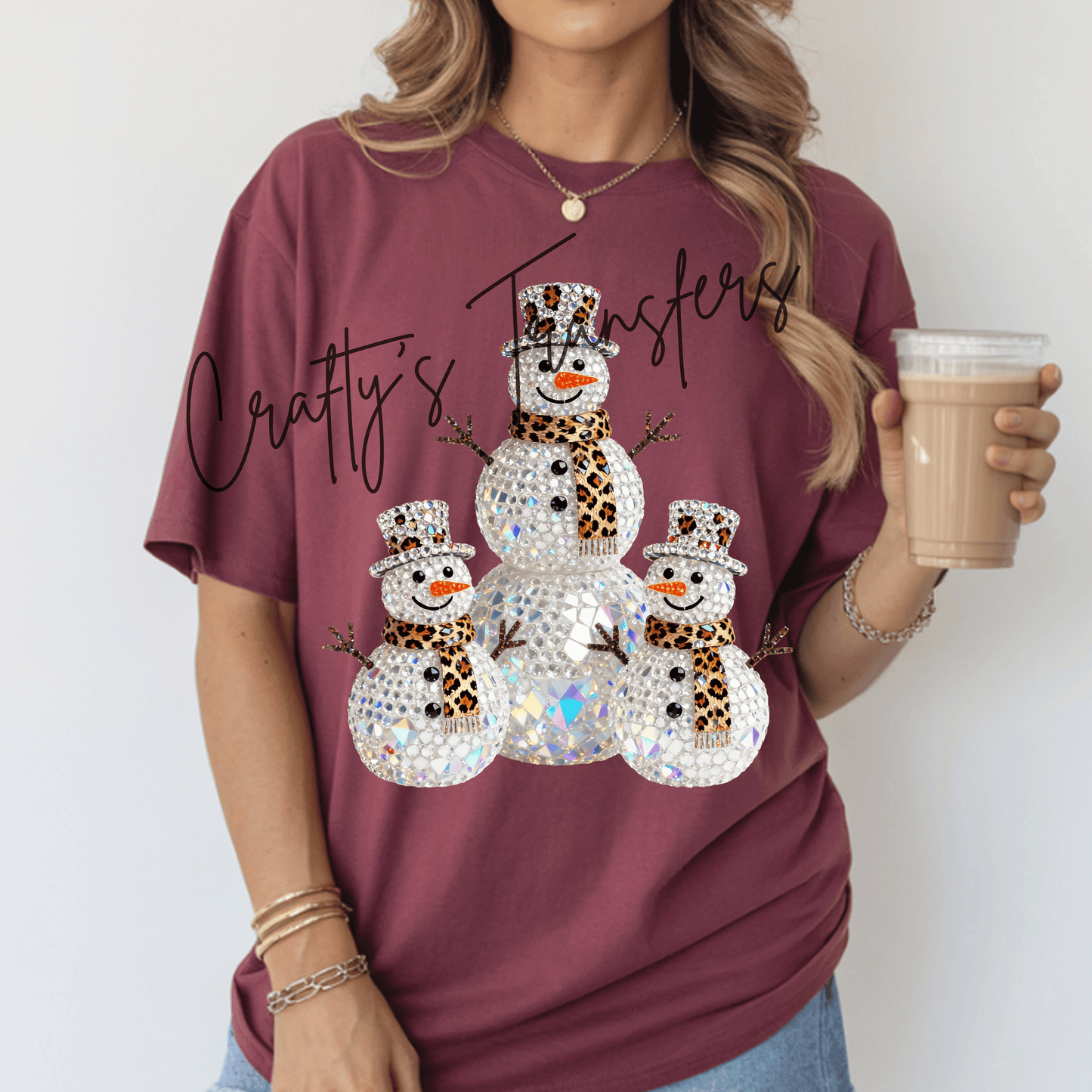 Leopard Snowman Trio DTF Transfer – Faux Rhinestone Christmas Design – Glam Holiday Shirt Graphic