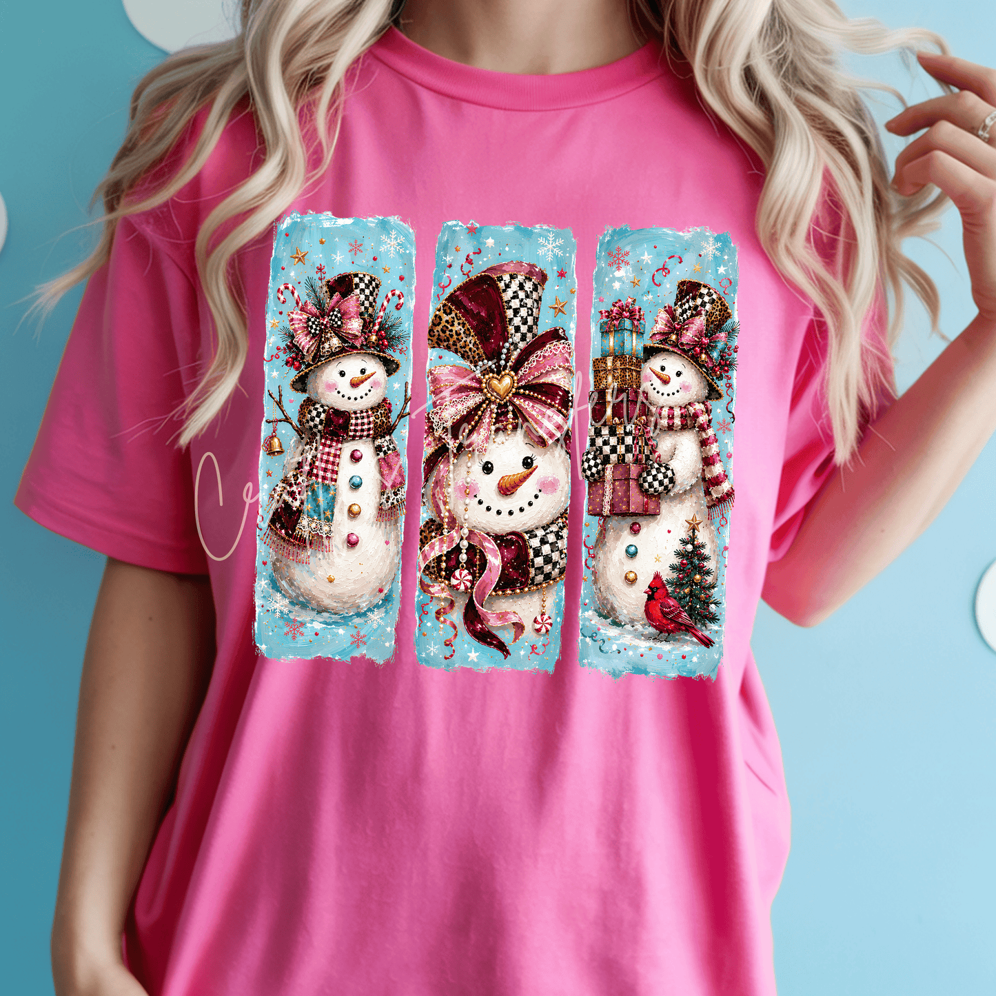 Snow Girl Trio DTF Transfer – Whimsical Pink Leopard Christmas Graphic – Boutique Holiday Shirt Design