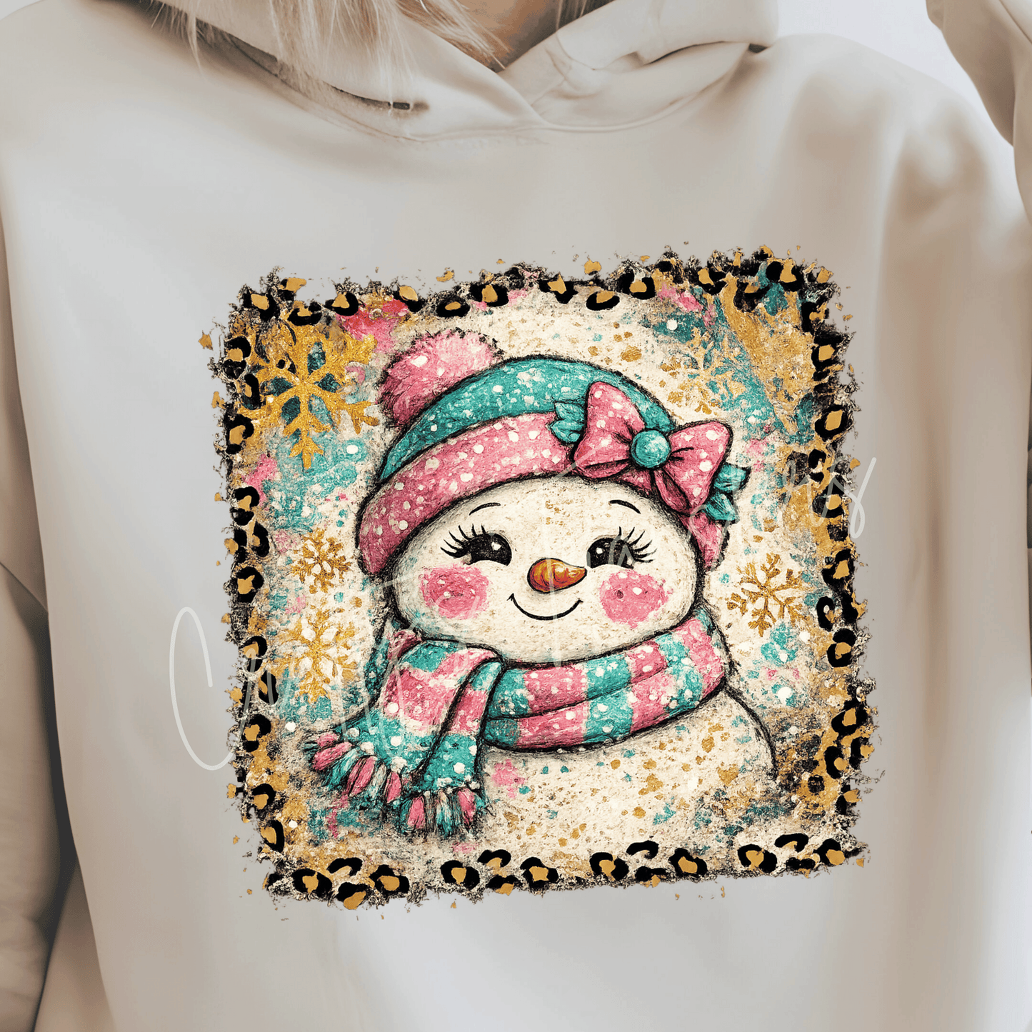 Pink and Turquoise Snow Girl DTF Transfer – Leopard Christmas Snowman Graphic – Boutique Holiday Design