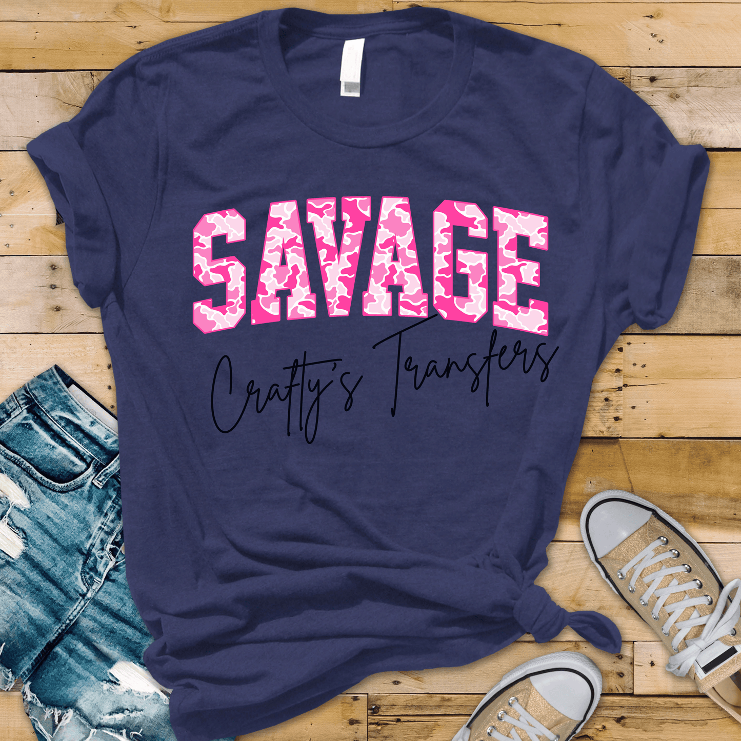Pink Camo Savage DTF Transfer – Bold Collegiate Word Graphic – Hot Pink Statement Shirt Design