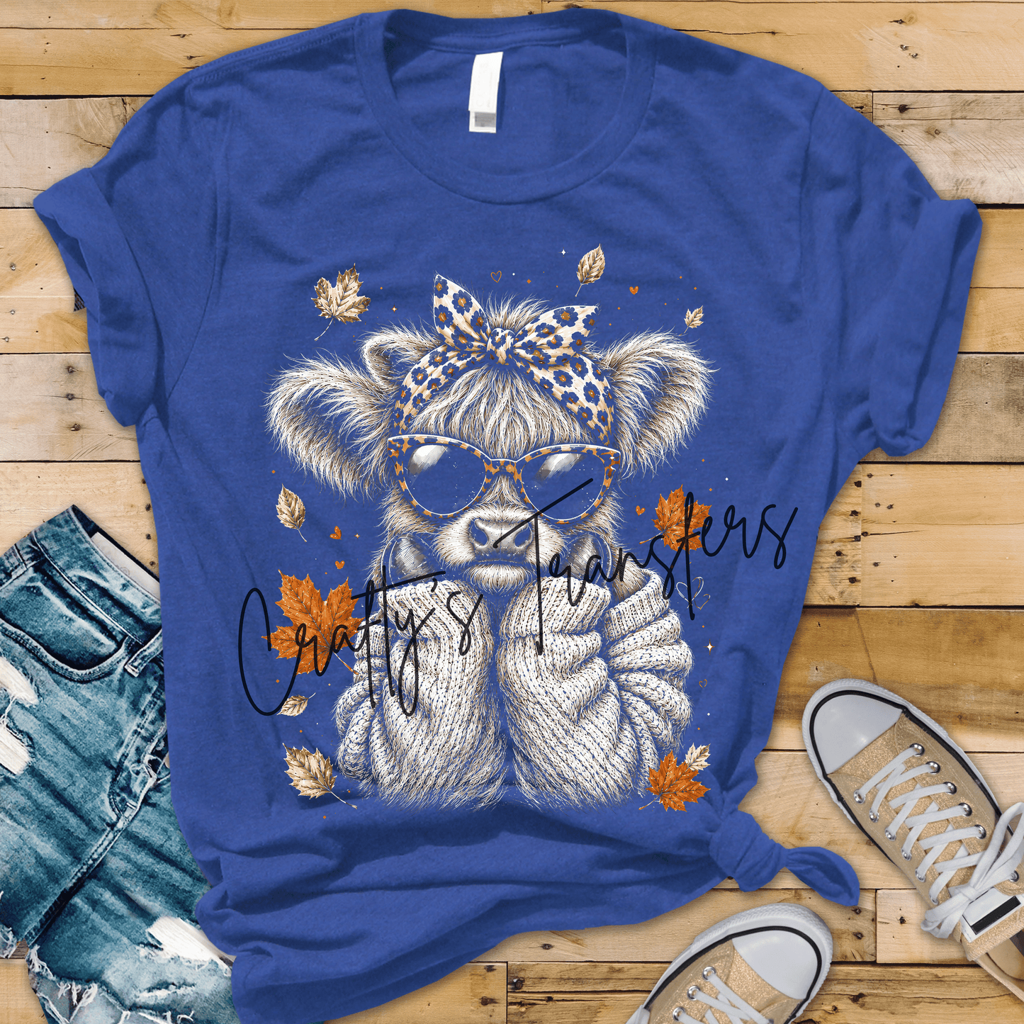 Cozy Fall Highland Cow DTF Transfer – Autumn Sweater and Sunglasses Shirt Design