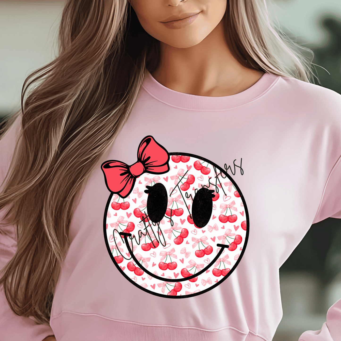 Cherry Smiley Face DTF Transfer – Pink Bow Preppy Summer Shirt Design