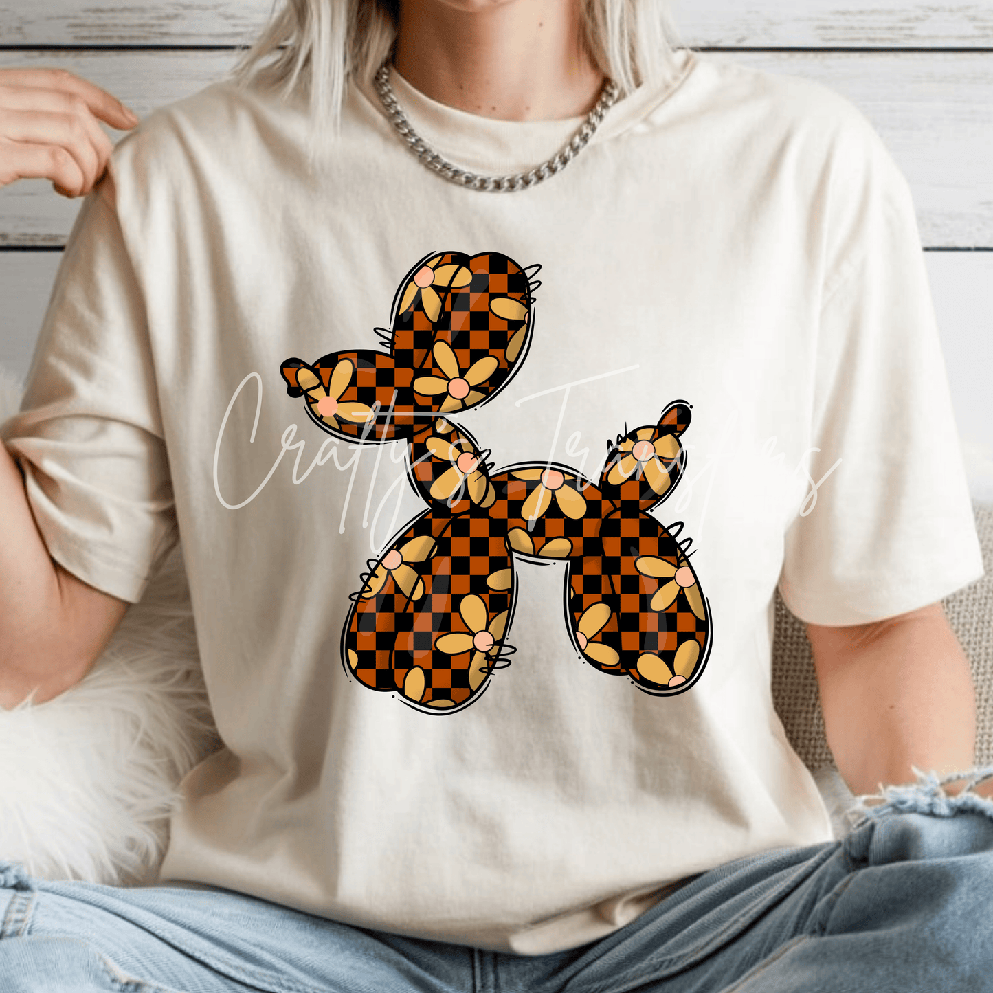 Floral Checkered Balloon Dog DTF Transfer – Retro Fall Daisy Shirt Design