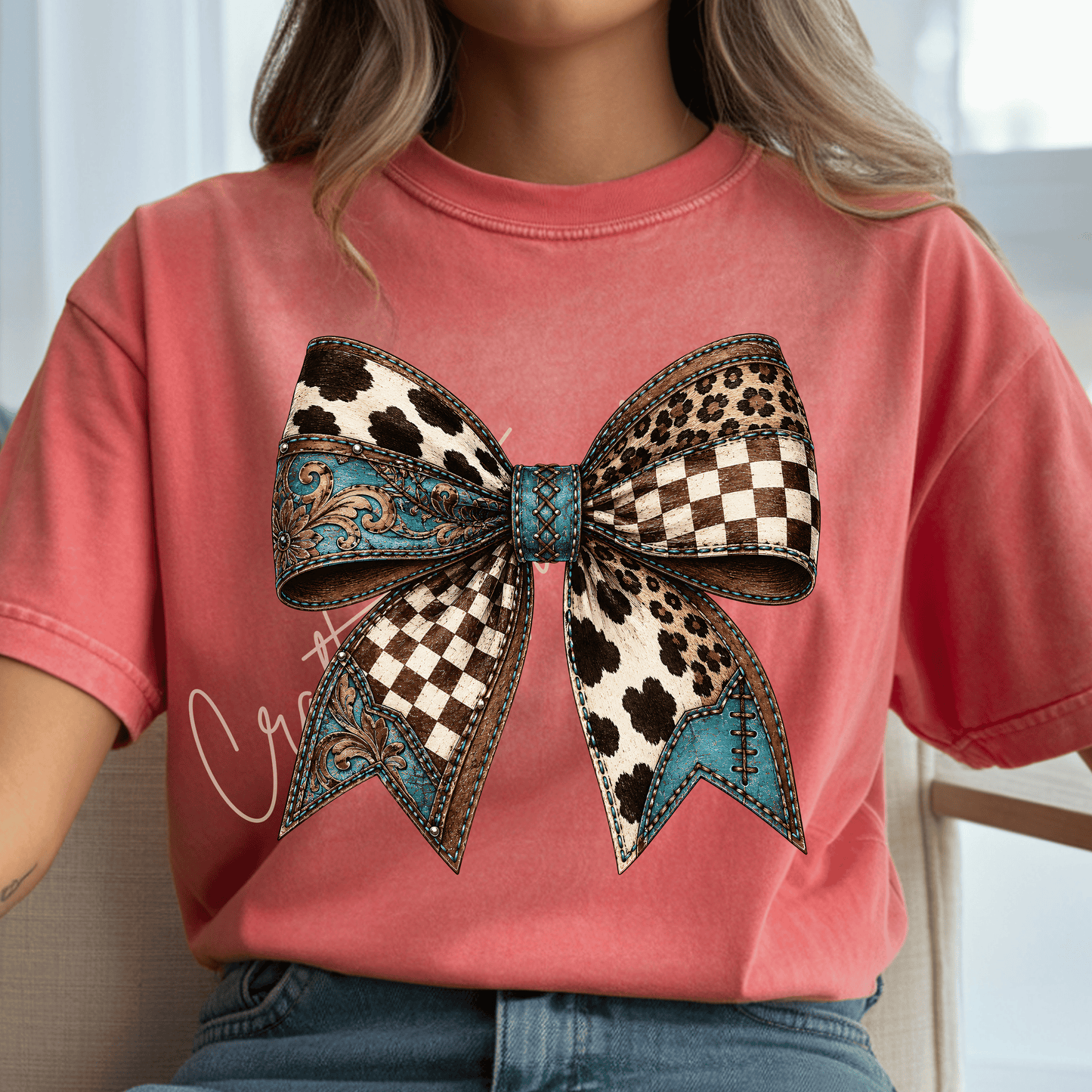 Western Cow Print Bow DTF Transfer – Turquoise Tooled Leather & Leopard Design