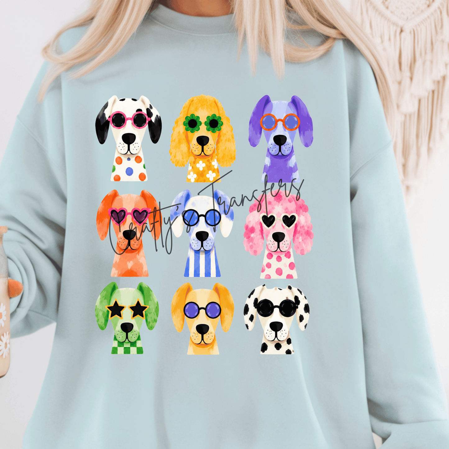 Colorful Dog Sunglasses DTF Transfer – Cute Retro Puppy Trio Style Pet Lover Design