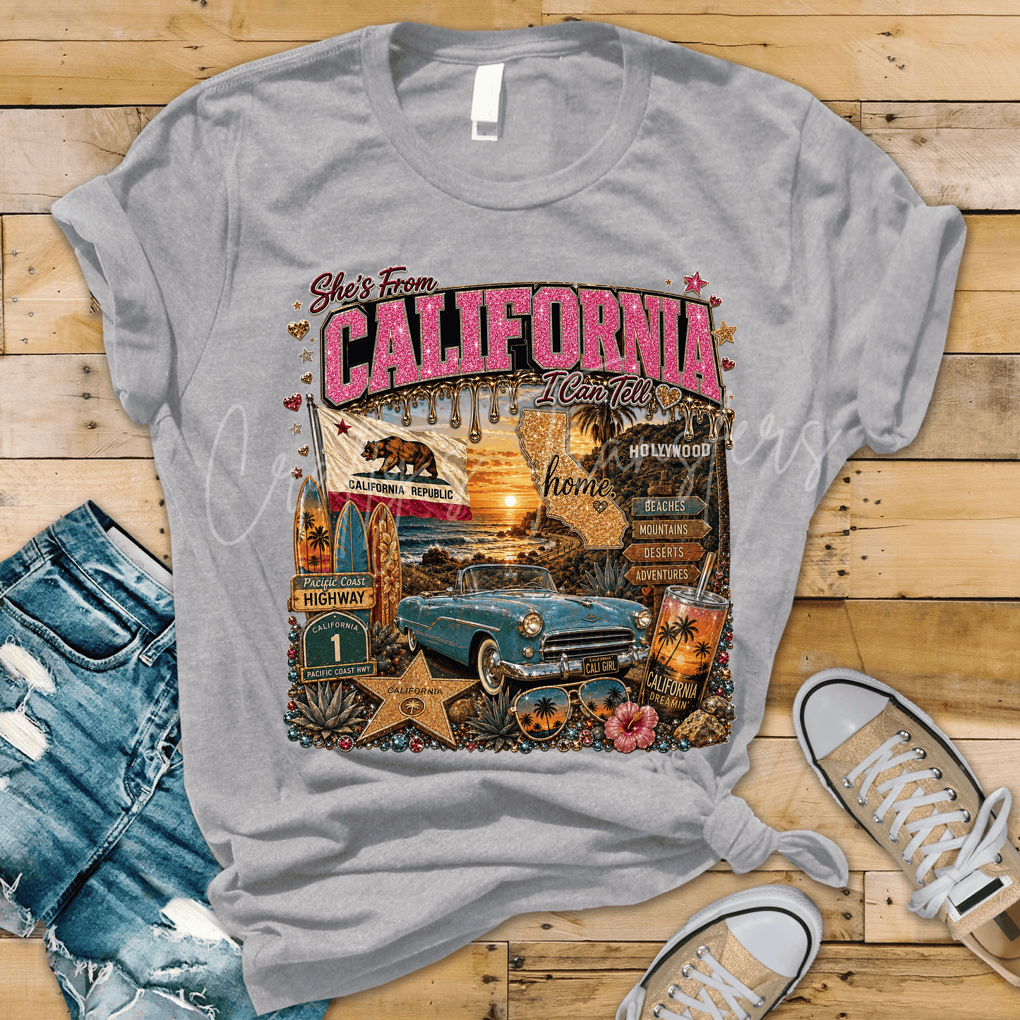 She’s From California DTF Transfer – Retro Cali Girl Beach & Coastal State Design