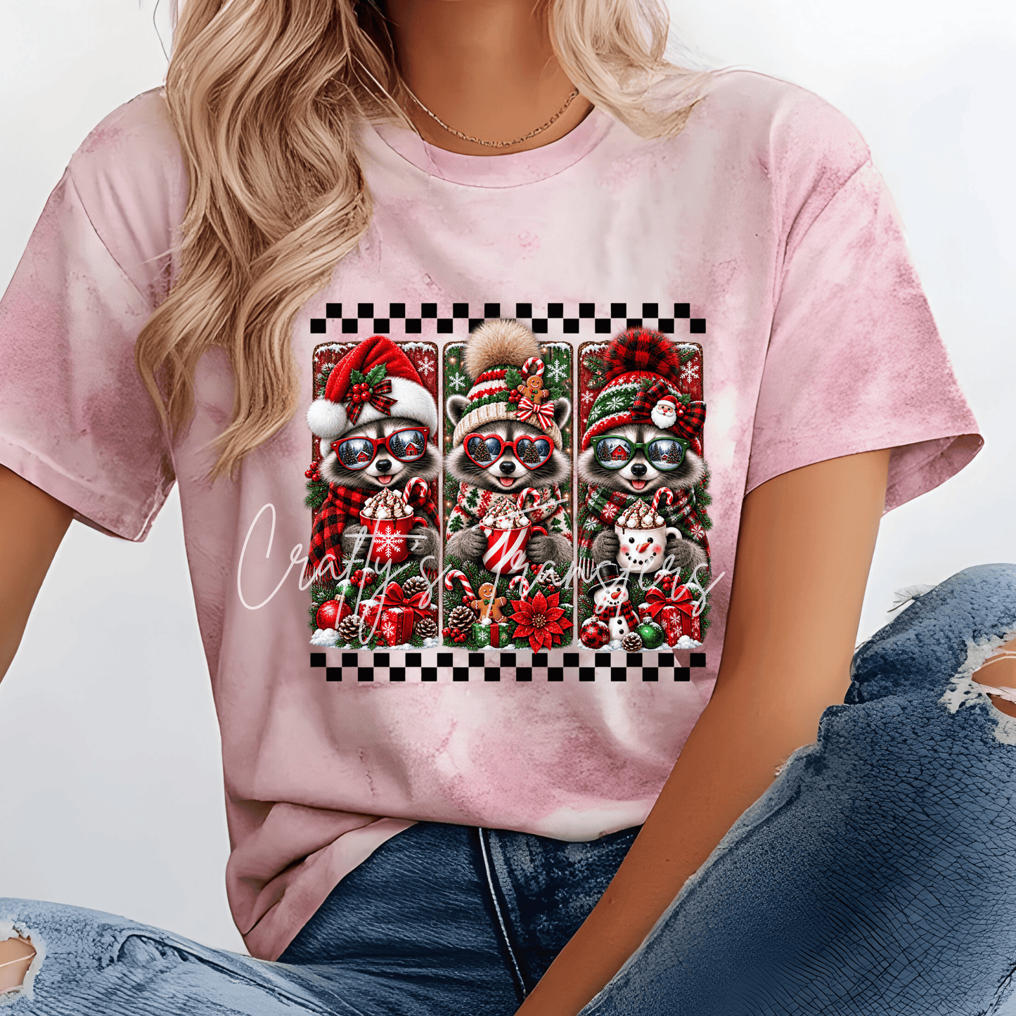 Christmas Raccoon Trio DTF Transfer – Cute Holiday Raccoons with Hot Cocoa, Santa Hats & Winter Accessories