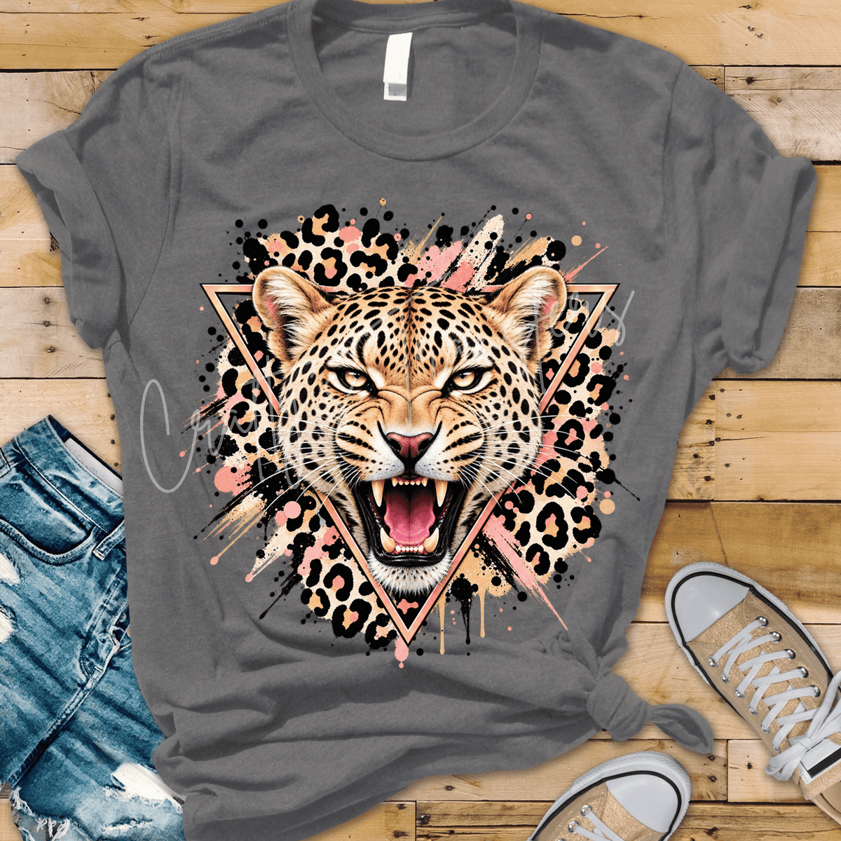 Pink Leopard DTF Transfer – Fierce Leopard Face with Animal Print & Abstract Brush Design