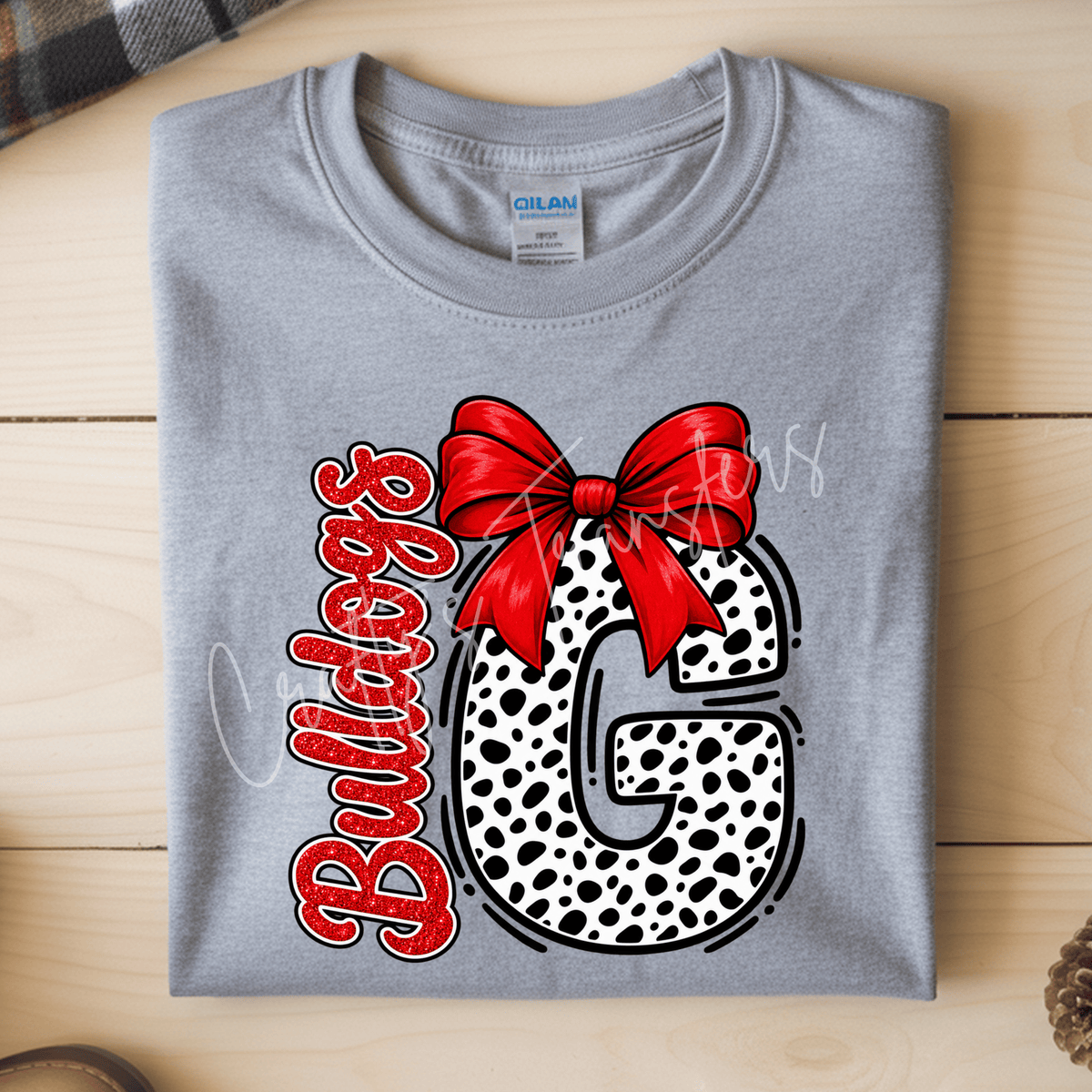 Bulldogs Game Day DTF Transfer – Red Bow Spotted G Design – Football Spirit Shirt Transfer