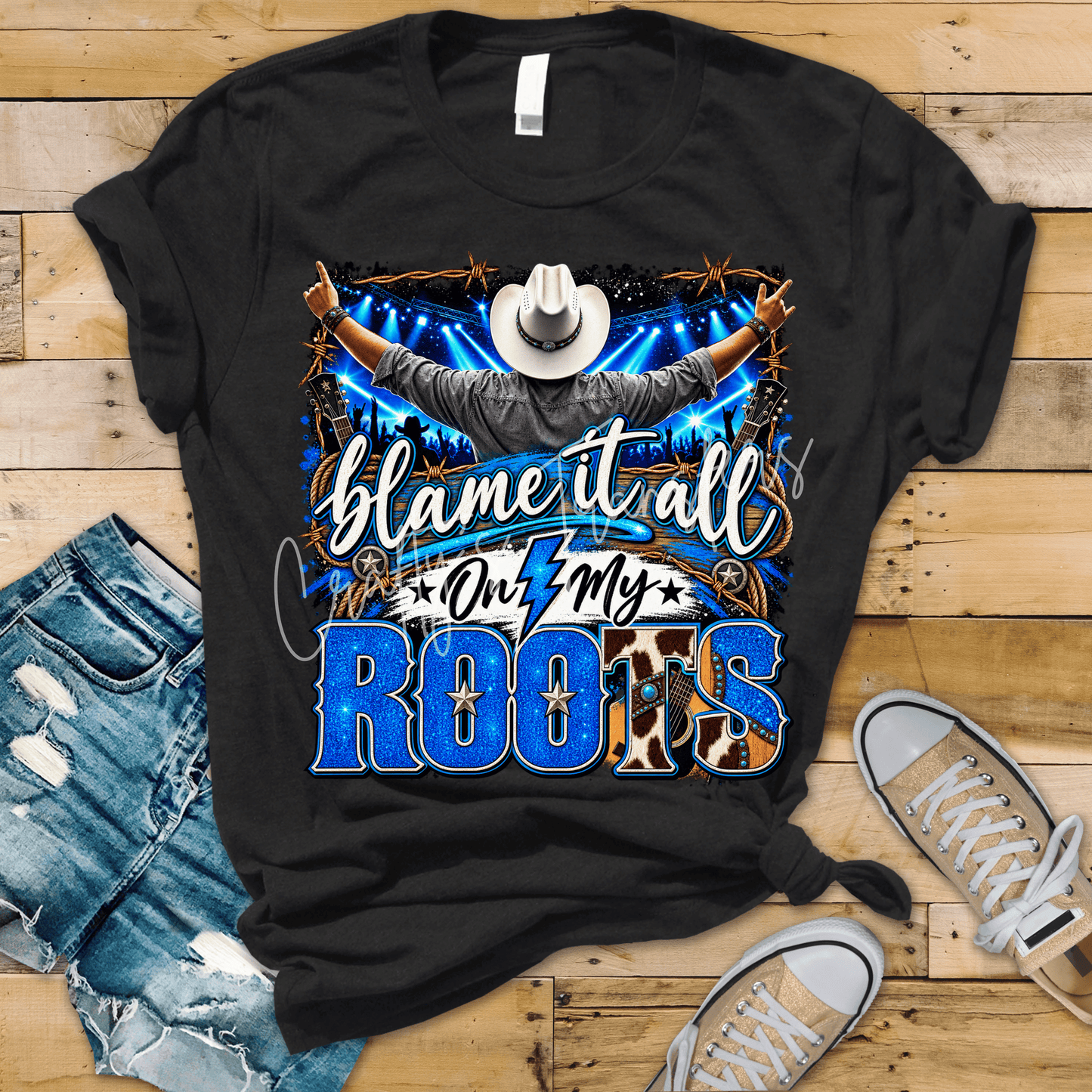 Western Country Concert DTF Transfer – Blue Glitter Cowboy Boots & Guitar Shirt Design