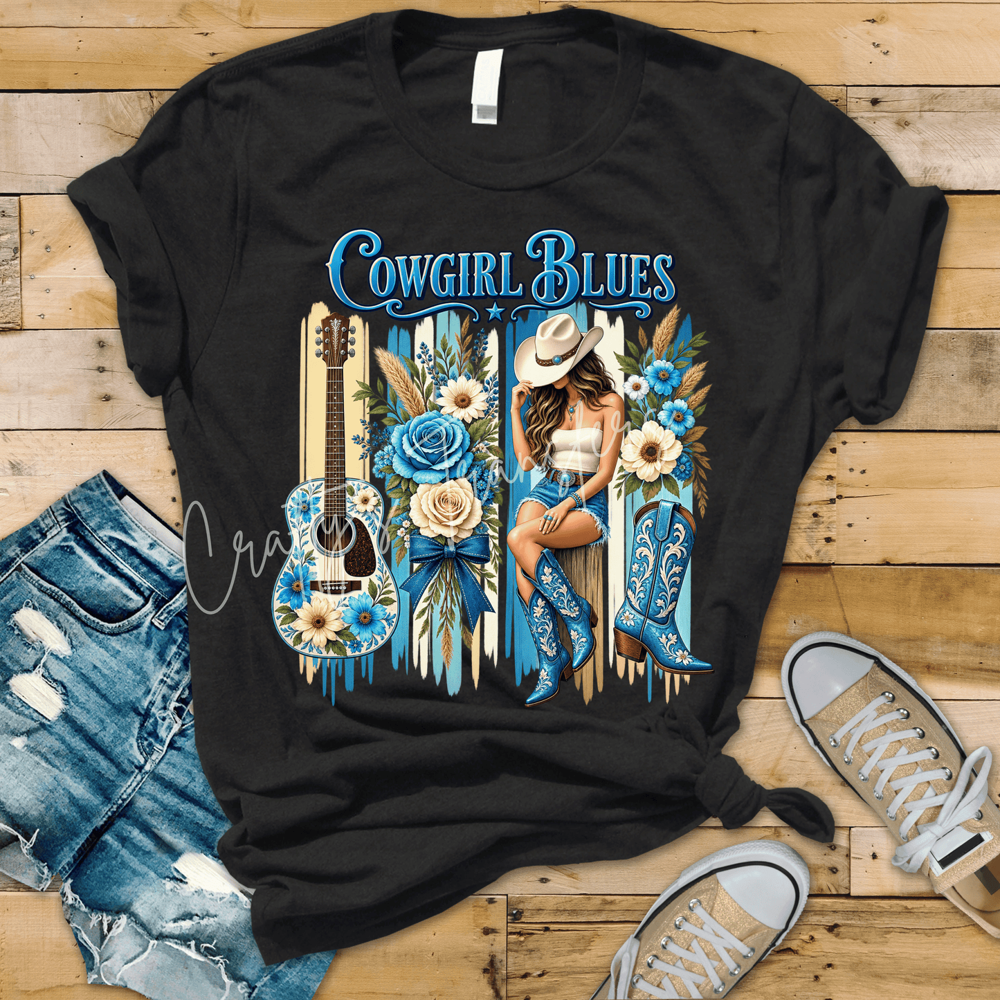 Cowgirl Blues DTF Transfer – Blue Western Cowgirl Guitar Floral Shirt Transfer