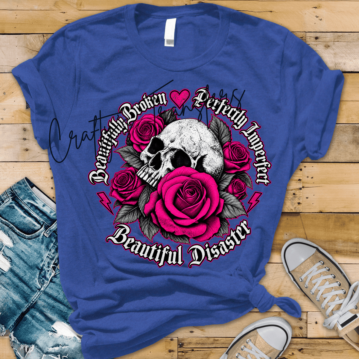 Beautifully Broken DTF Transfer – Pink Roses Skull Beautiful Disaster Graphic