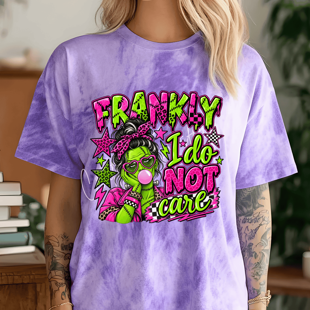 Frankly I Do Not Care DTF Transfer | Neon Frankenstein Girl Funny Halloween Shirt Transfer