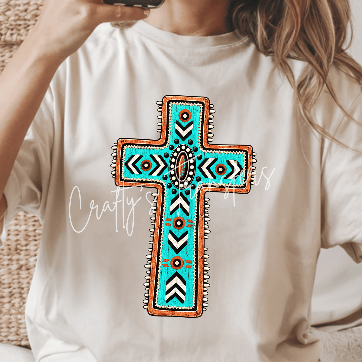 Western Turquoise Cross DTF Transfer | Aztec Southwestern Faith Shirt Transfer