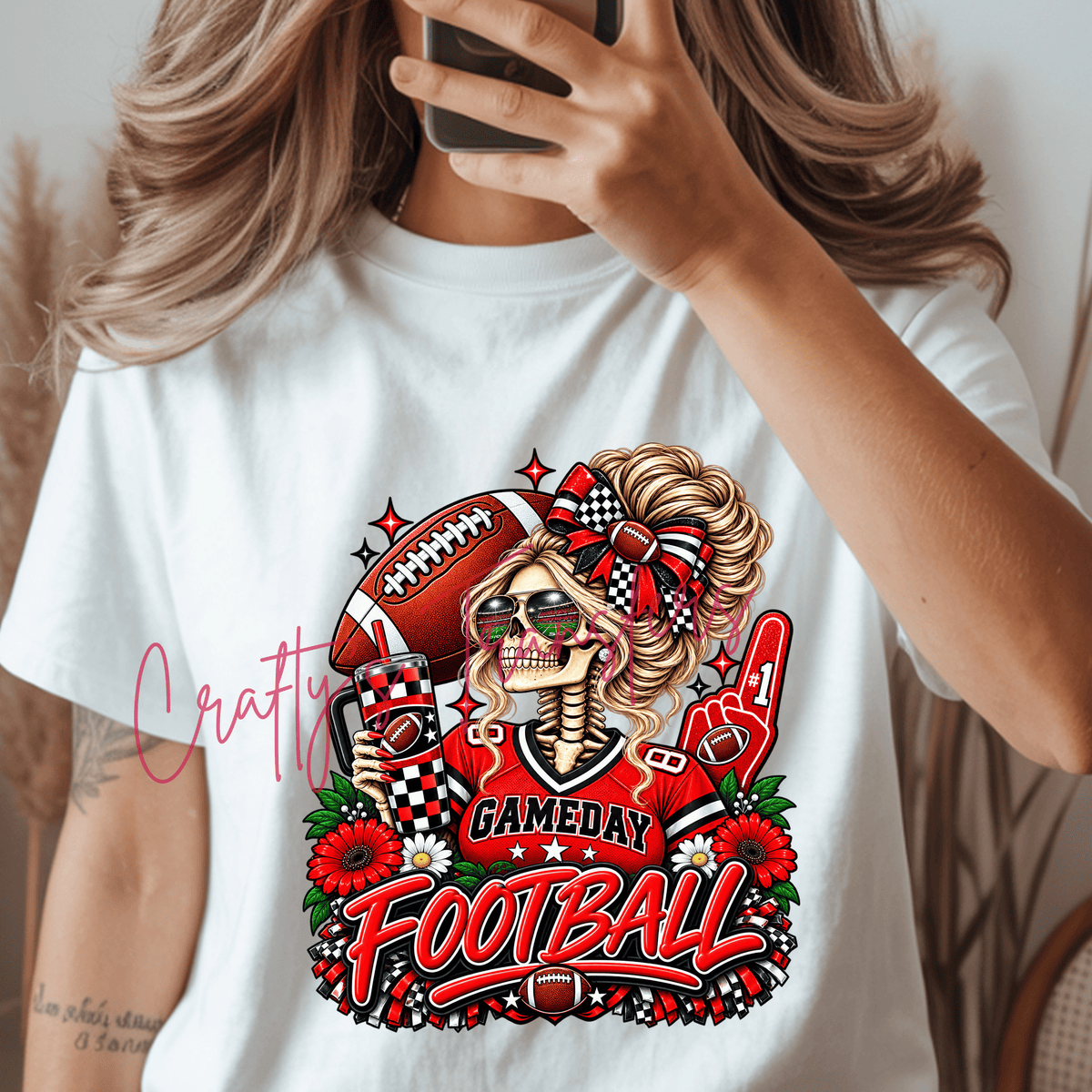 Football Game Day Skeleton DTF Transfer – Red Black Football Mom Shirt Design