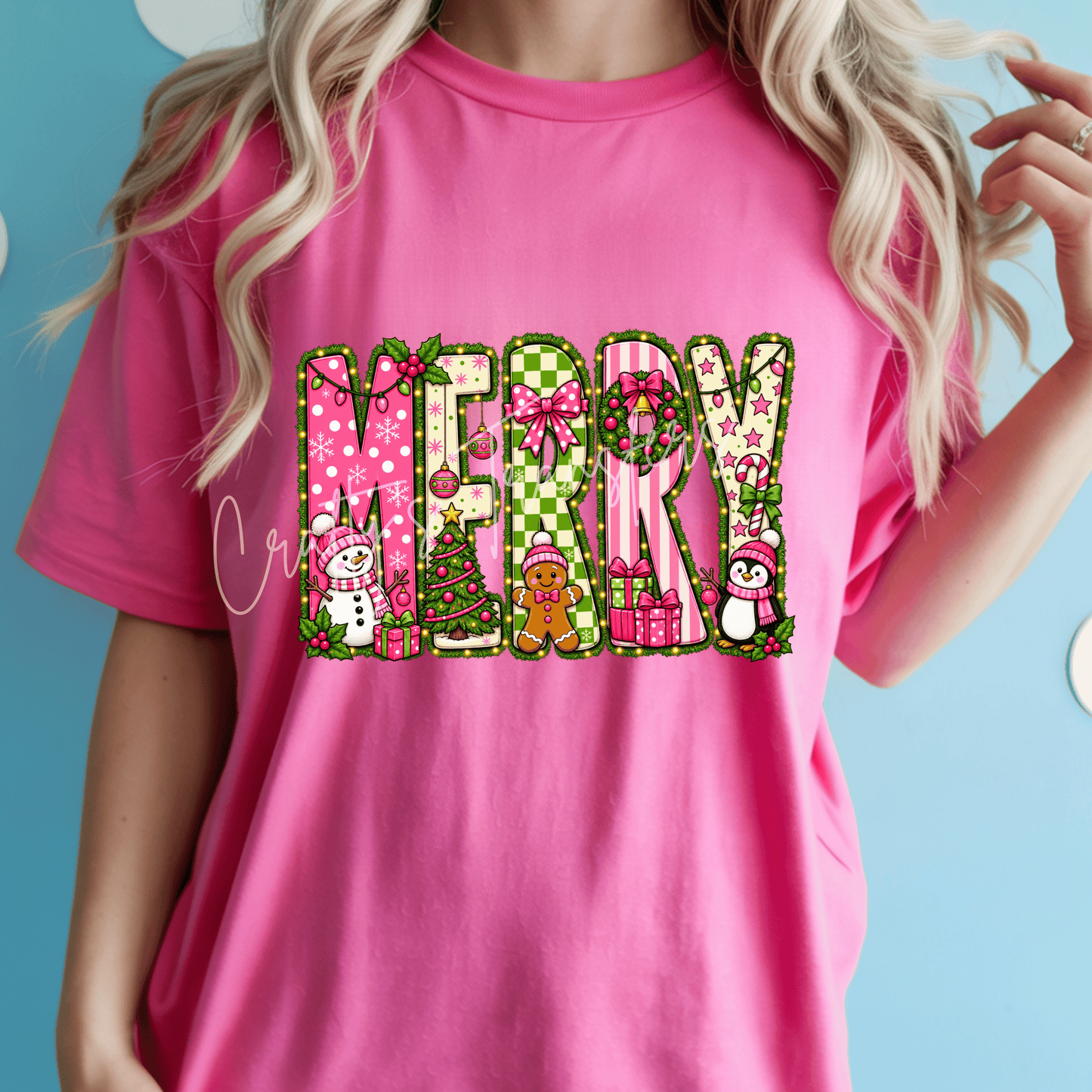 Merry Christmas DTF Transfer – Pink Green Christmas Holiday Shirt Design with Snowman, Gingerbread & Penguin