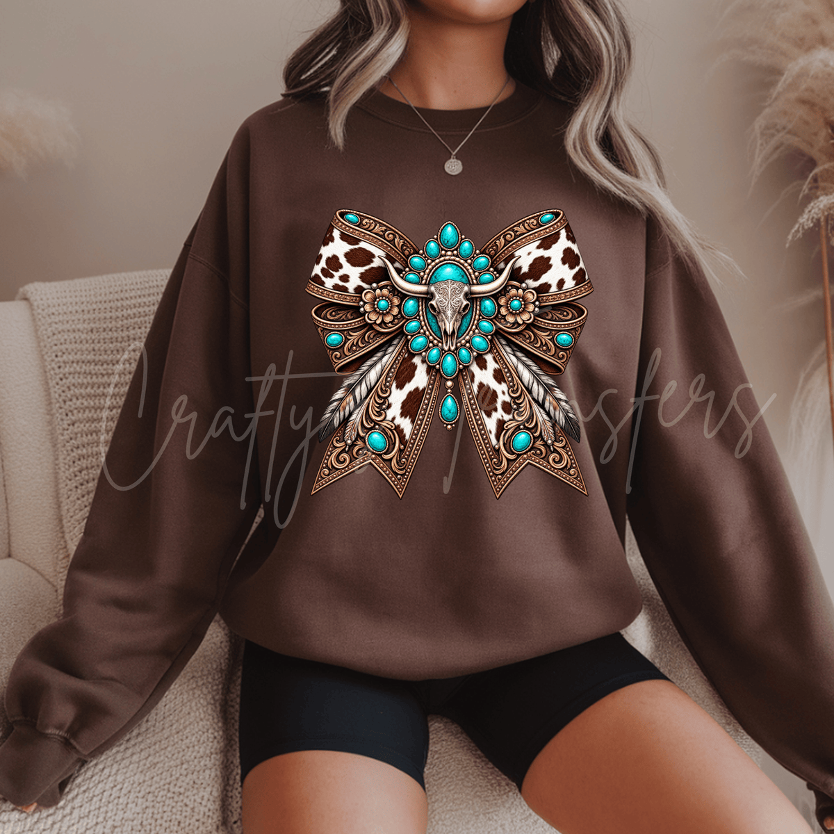 Western Cow Skull Bow DTF Transfer – Turquoise Cow Print Cowgirl Shirt Design