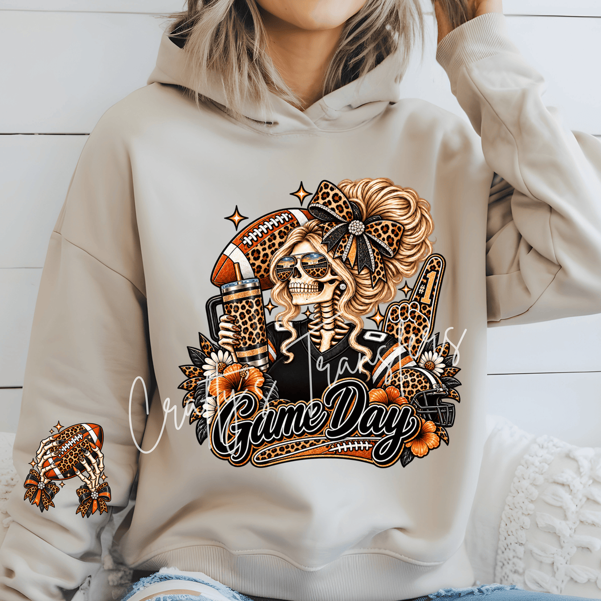 Skelly Girl Game Day DTF Transfer – Leopard Football Skeleton Graphic