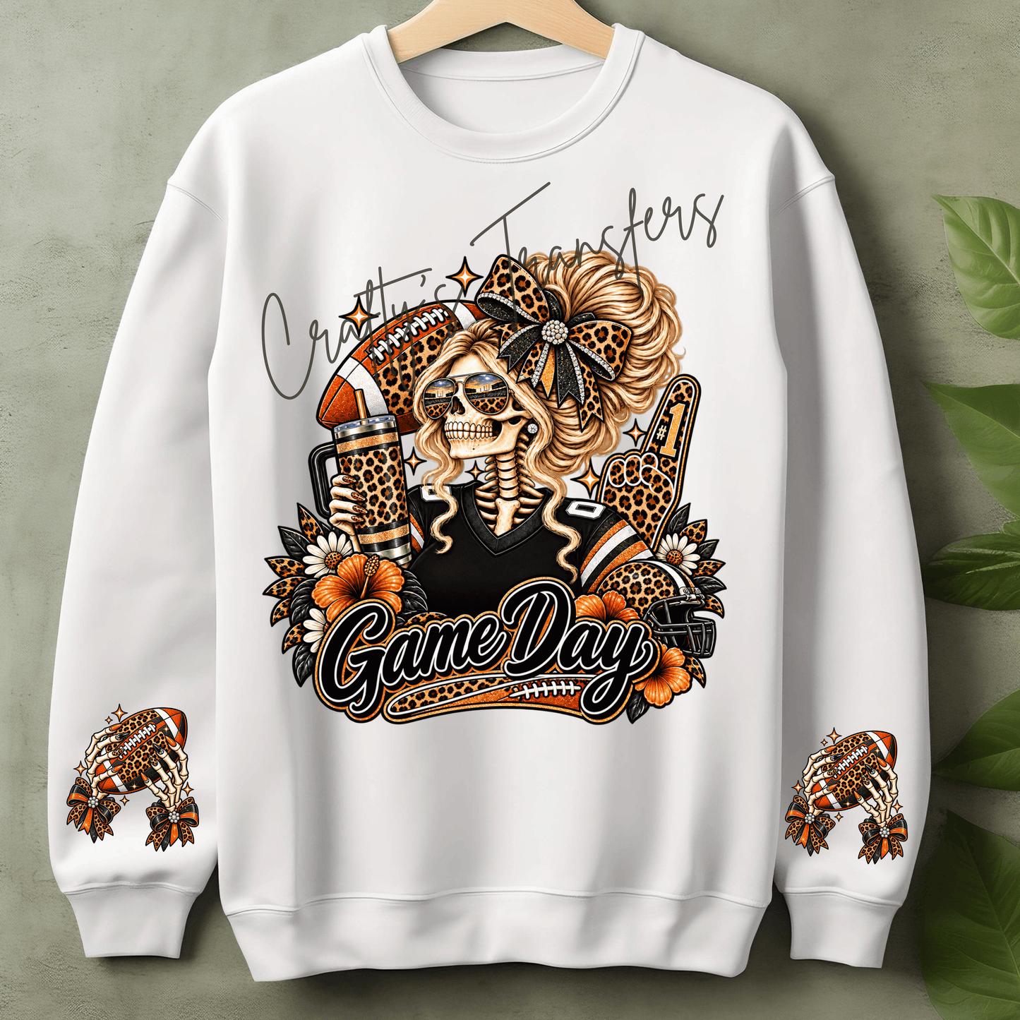 Orange & Black Football Game Day Skeleton Girl DTF Transfer – Cheetah Print Sports Shirt Design – Fall Game Day DTF