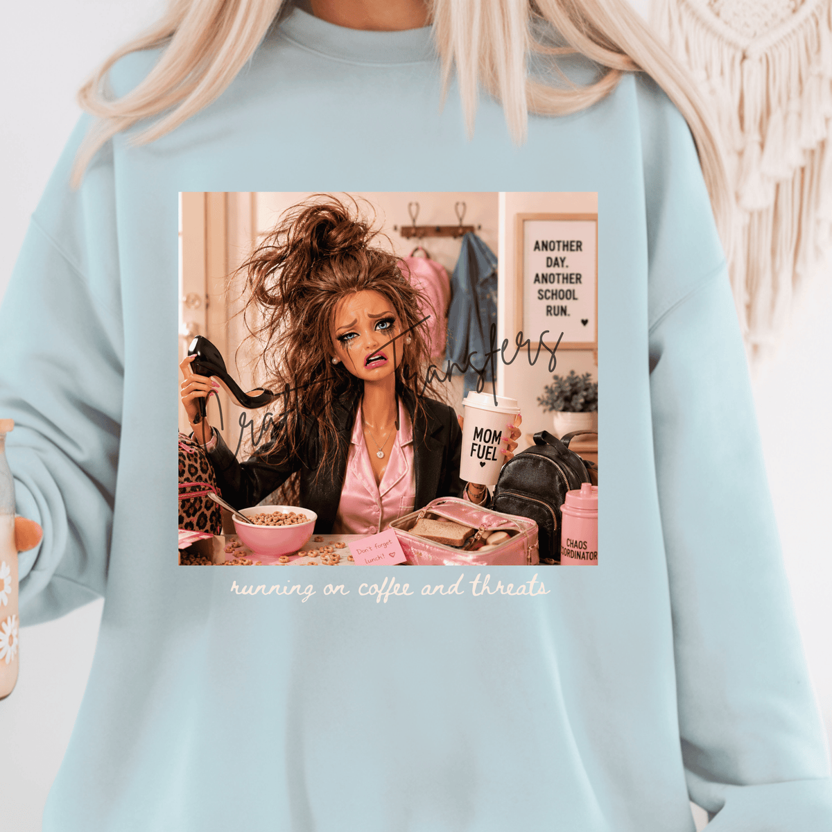 Running on Coffee and Threats DTF Transfer – Funny School Mom Coffee Graphic