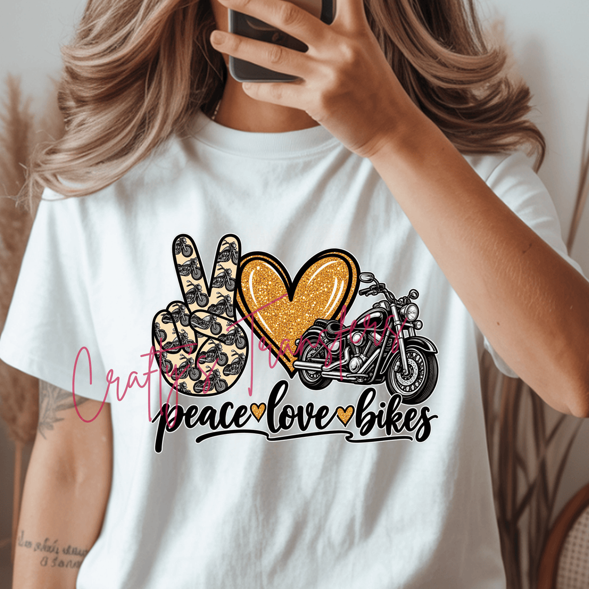 Peace Love Bikes DTF Transfer – Motorcycle Peace Sign Gold Heart Biker Graphic