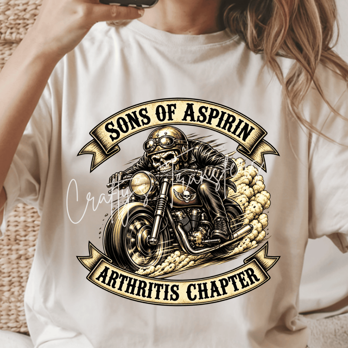 Sons of Aspirin Arthritis Chapter DTF Transfer – Funny Skeleton Biker Motorcycle Graphic