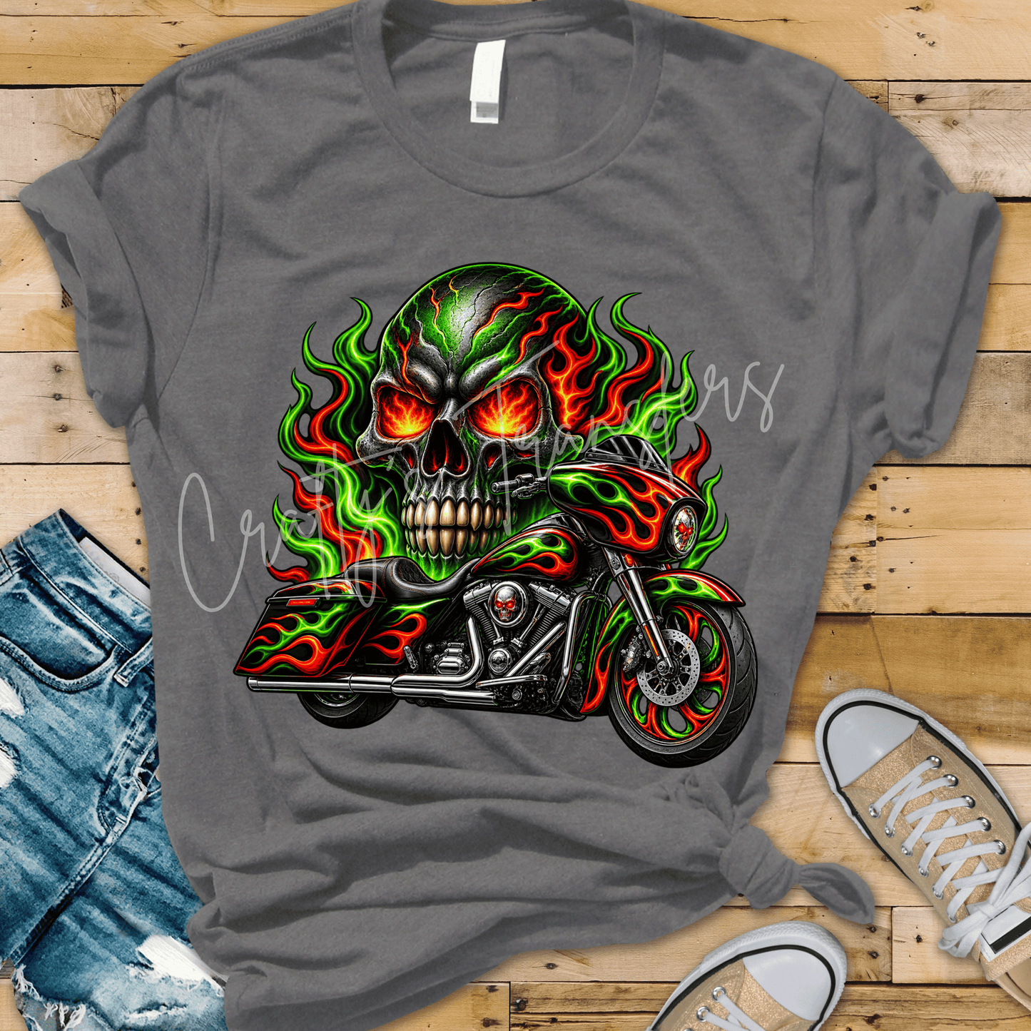 Flaming Skull Motorcycle DTF Transfer – Green & Red Biker Skull Graphic