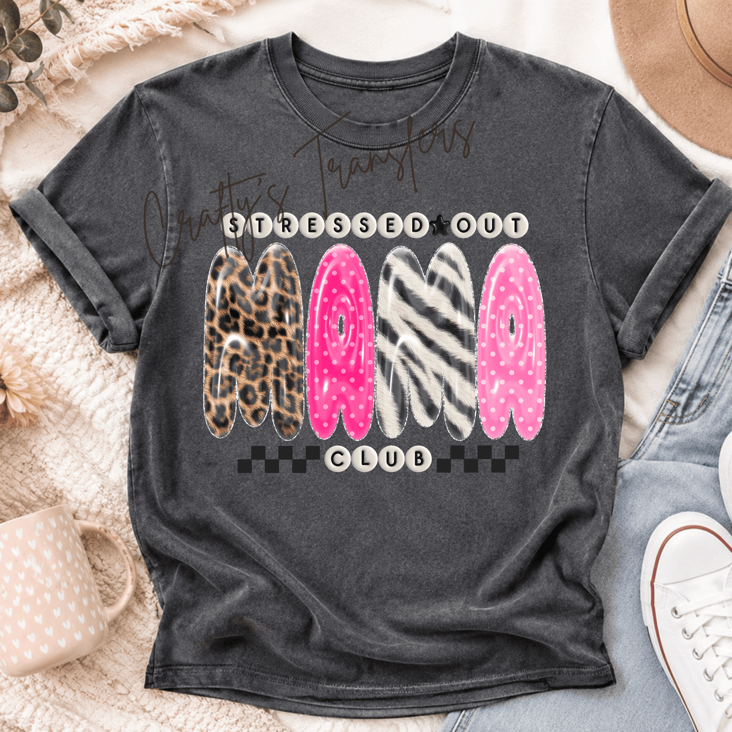 Stressed Out Mama Club DTF Transfer – 3D Bubble Letter Mom Graphic – Leopard Zebra & Pink Retro Design