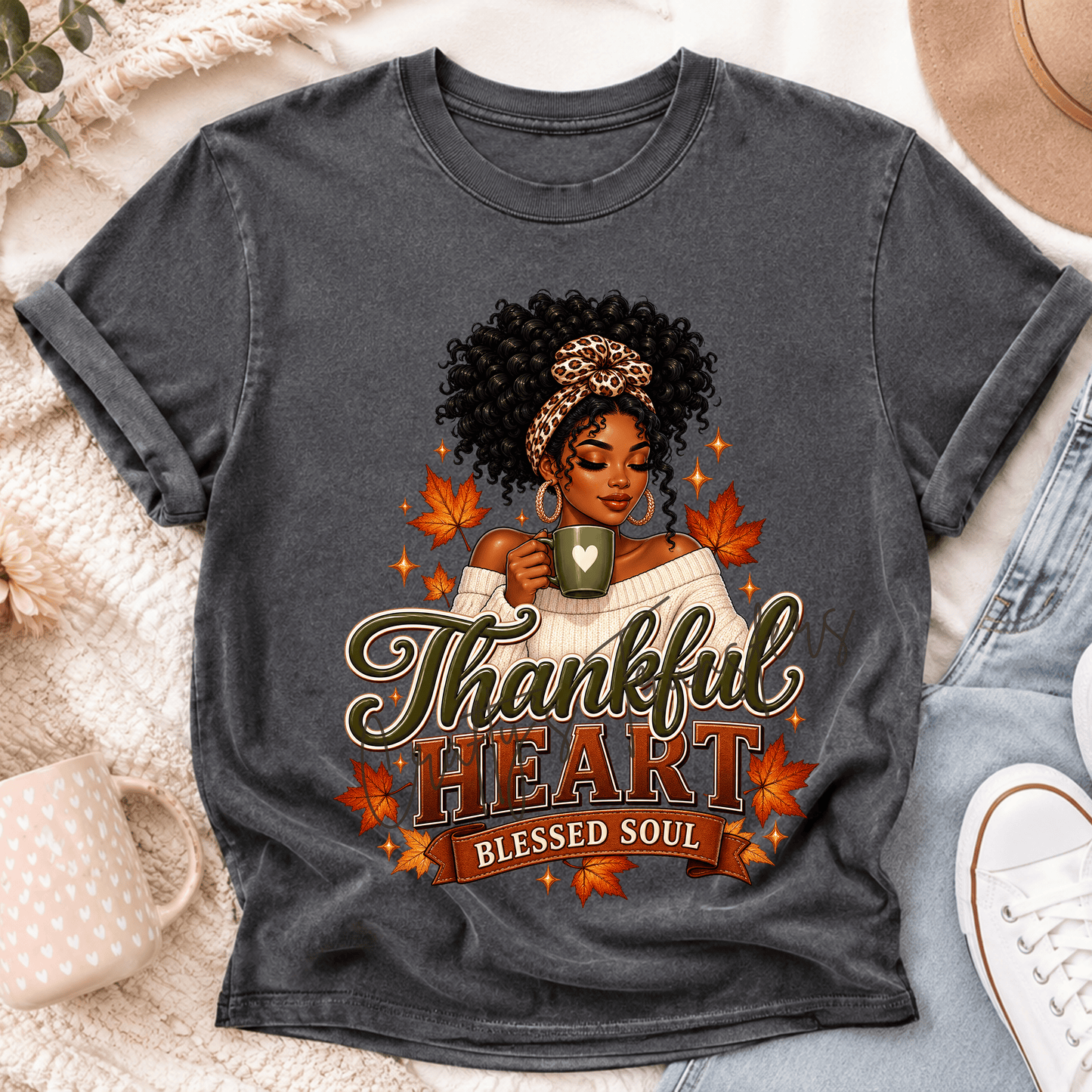 Thankful Heart Blessed Soul Fall DTF Transfer – Autumn Coffee Girl Leopard Print Thanksgiving Design