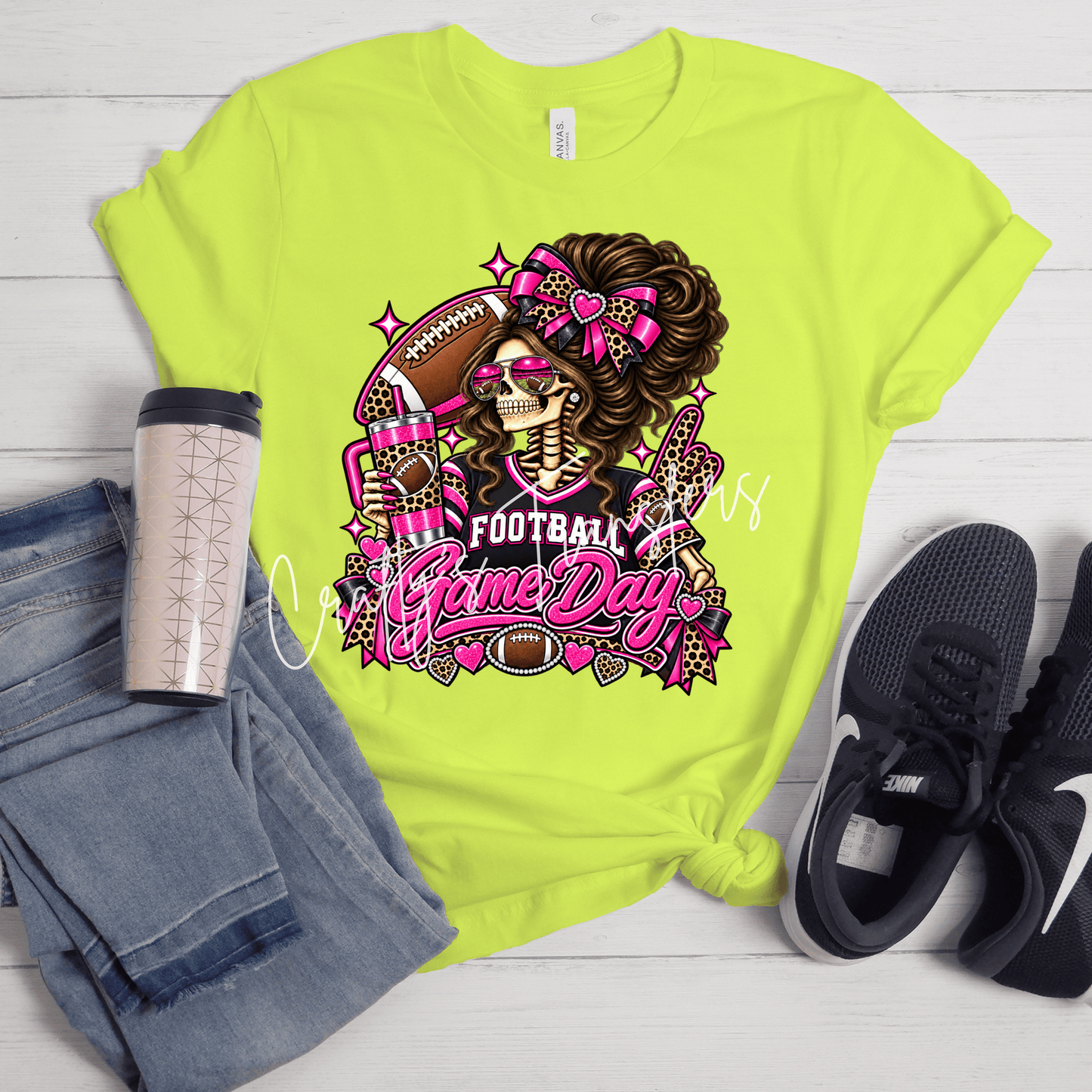 Pink Game Day Skeleton DTF Transfer – Leopard Football Girl Sports Design